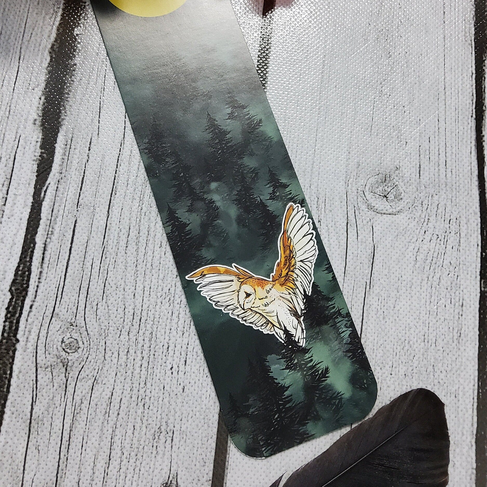 BOOKMARK: Forest Owl and Gold Moon , Dark Forest and Barn Owl Bookmark , Owl and Moon Art , Barn Owl Bookmark Bookmarks Acornandcrowstudio