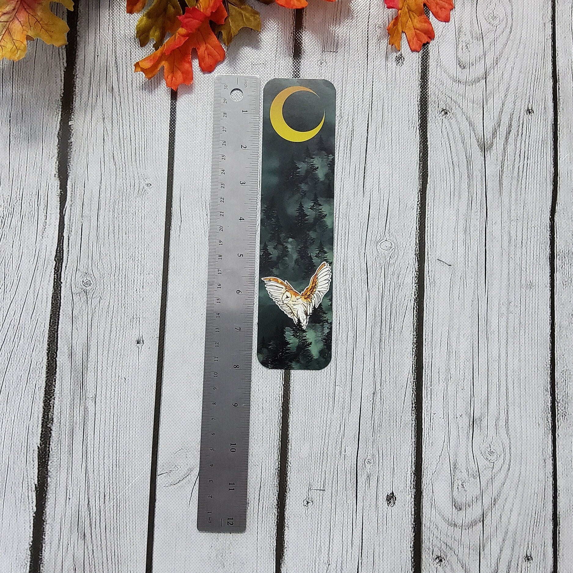 BOOKMARK: Forest Owl and Gold Moon , Dark Forest and Barn Owl Bookmark , Owl and Moon Art , Barn Owl Bookmark Bookmarks Acornandcrowstudio