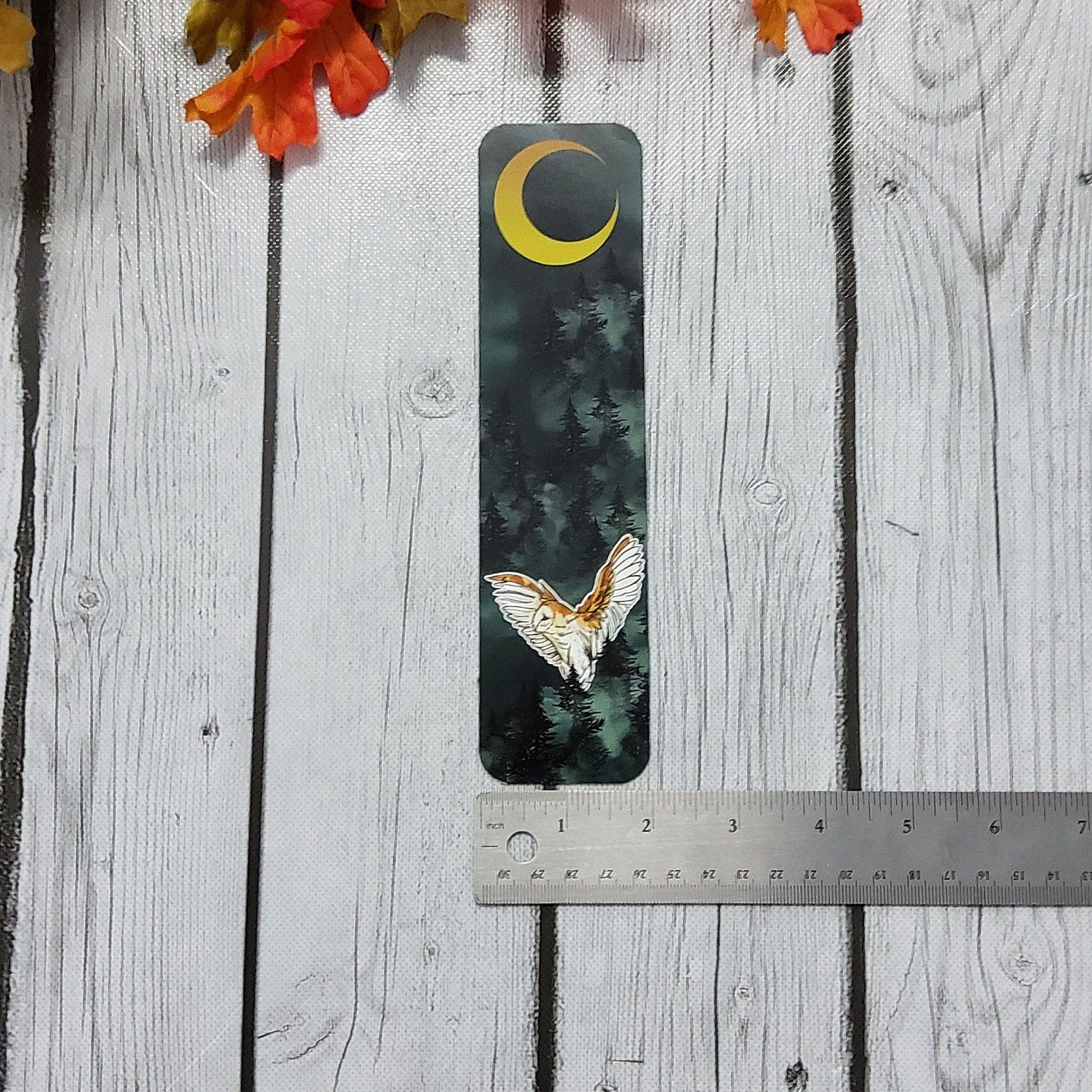 BOOKMARK: Forest Owl and Gold Moon , Dark Forest and Barn Owl Bookmark , Owl and Moon Art , Barn Owl Bookmark Bookmarks Acornandcrowstudio