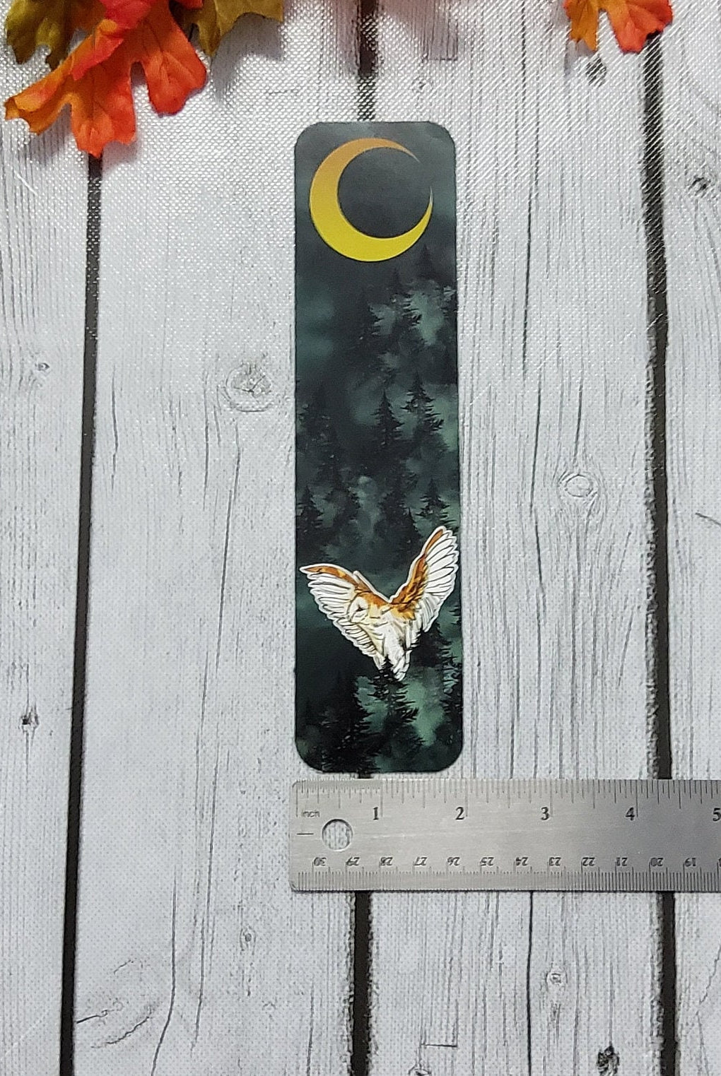BOOKMARK: Forest Owl and Gold Moon , Dark Forest and Barn Owl Bookmark , Owl and Moon Art , Barn Owl Bookmark