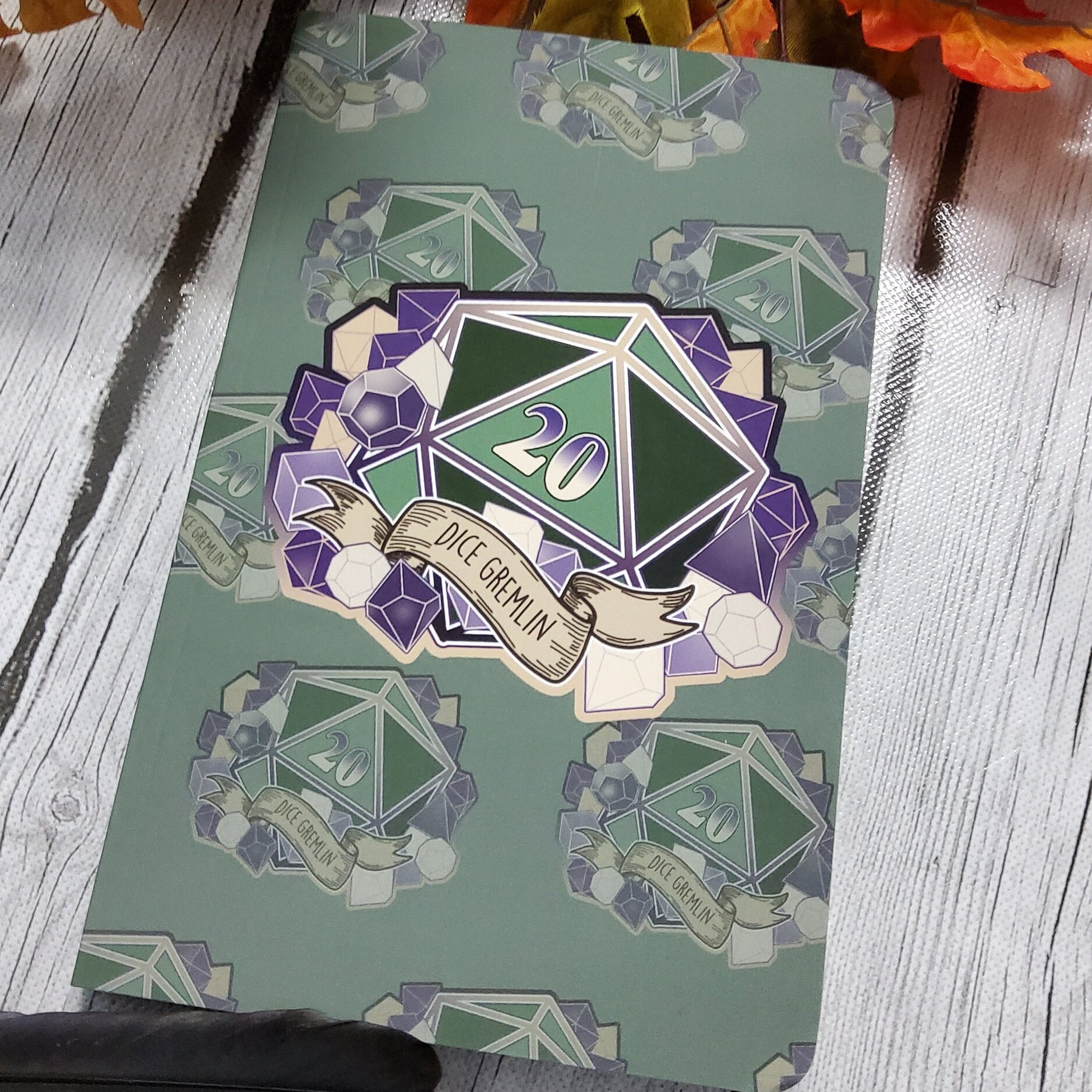 LAYFLAT NOTEBOOK: Dice Gremlin D20 , D20 and Floral Art , The Dice Gremlin Layflat Notebook , D20 Player Stationery