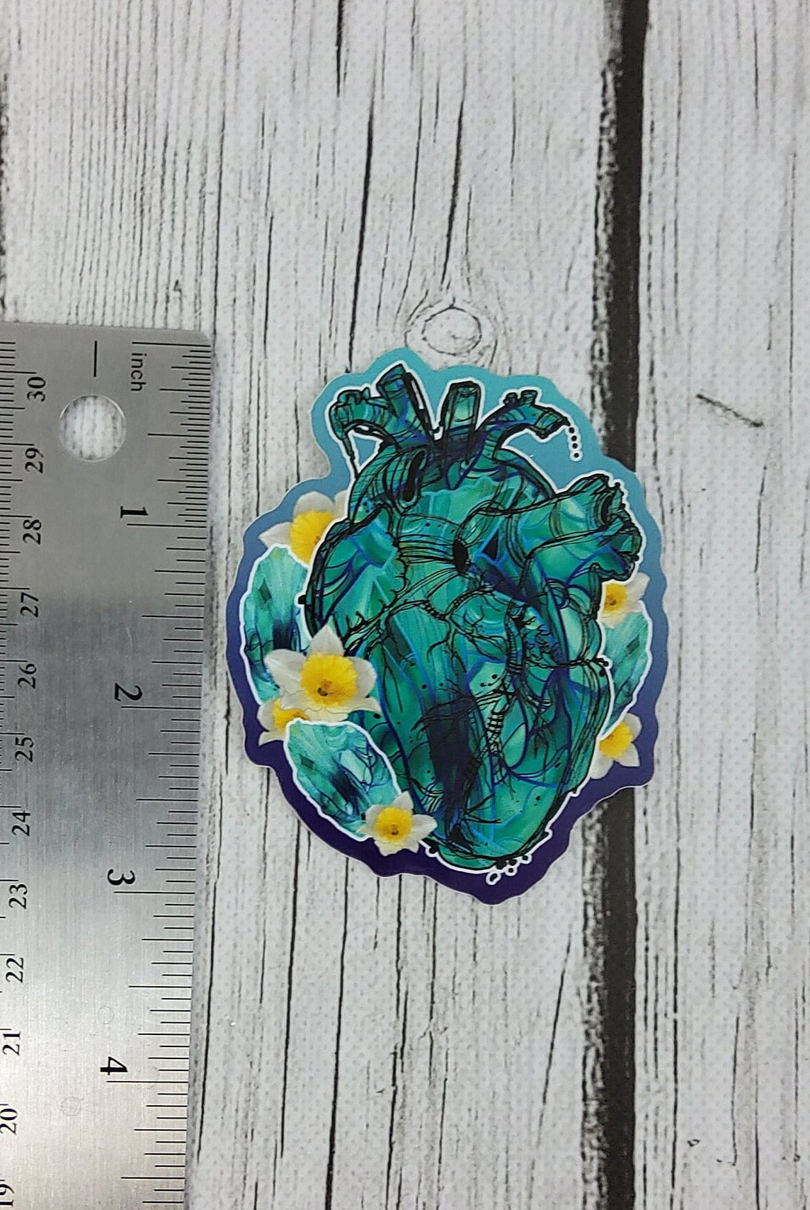 GLOSSY STICKER: March Aquamarine Crystal Heart with Daffodils Sticker , Aquamarine Sticker , Aquamarine Crystal Sticker , Crystal Sticker
