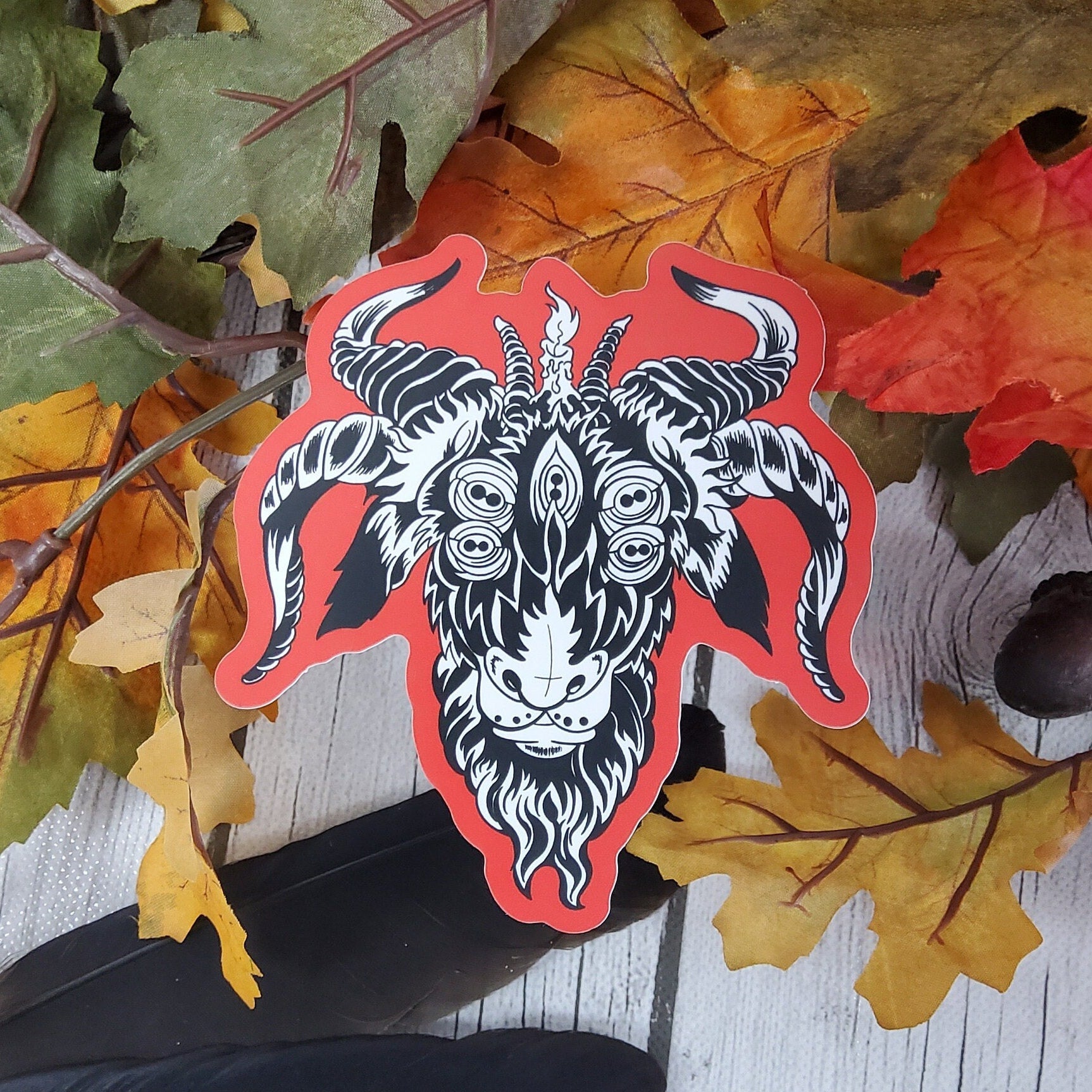 MATTE STICKER: All Seeing Goat Red and Black Illustration , Red and Black Goat Head Sticker , Goat Head Sticker , Multi-Eyed Goat Sticker