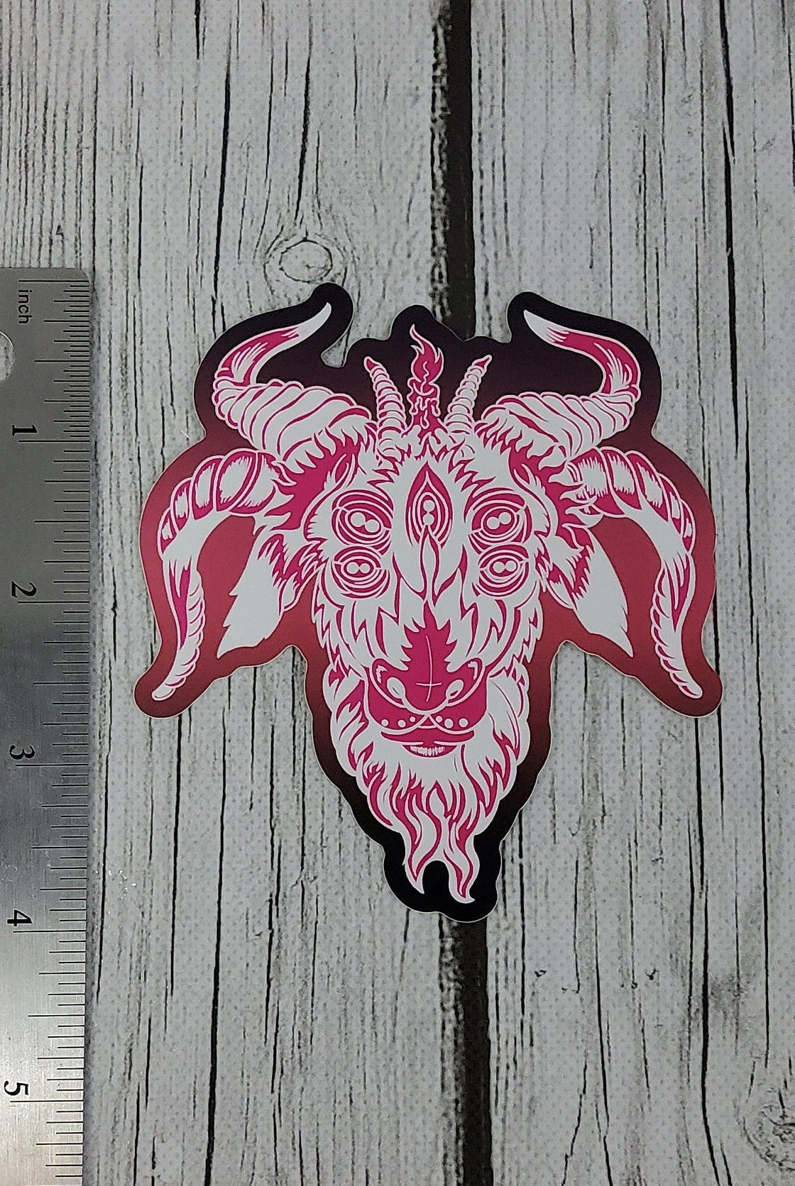 MATTE STICKER: All Seeing Goat Pink and Black Illustration , Pink and Black Goat Head Sticker , Goat Head Sticker , Multi-Eyed Goat Sticker