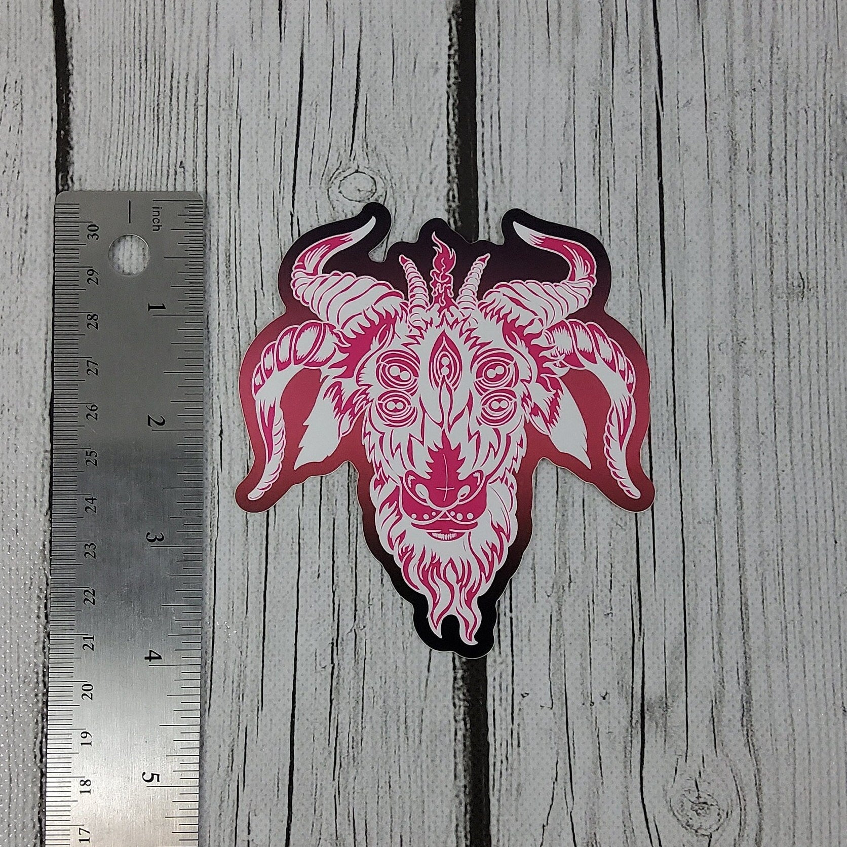 MATTE STICKER: All Seeing Goat Pink and Black Illustration , Pink and Black Goat Head Sticker , Goat Head Sticker , Multi-Eyed Goat Sticker