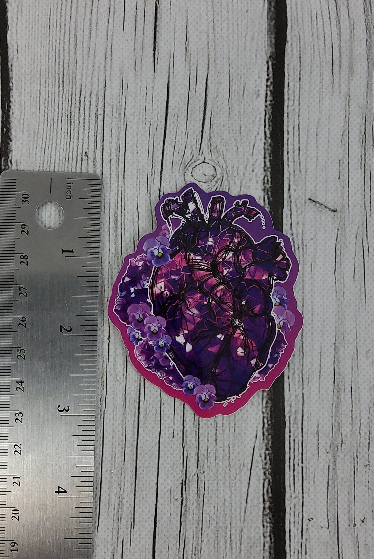 GLOSSY STICKER: February Amethyst Heart and Violet Flowers , Purple Amethyst Crystal Sticker , Purple Crystal Sticker , Purple Crystal