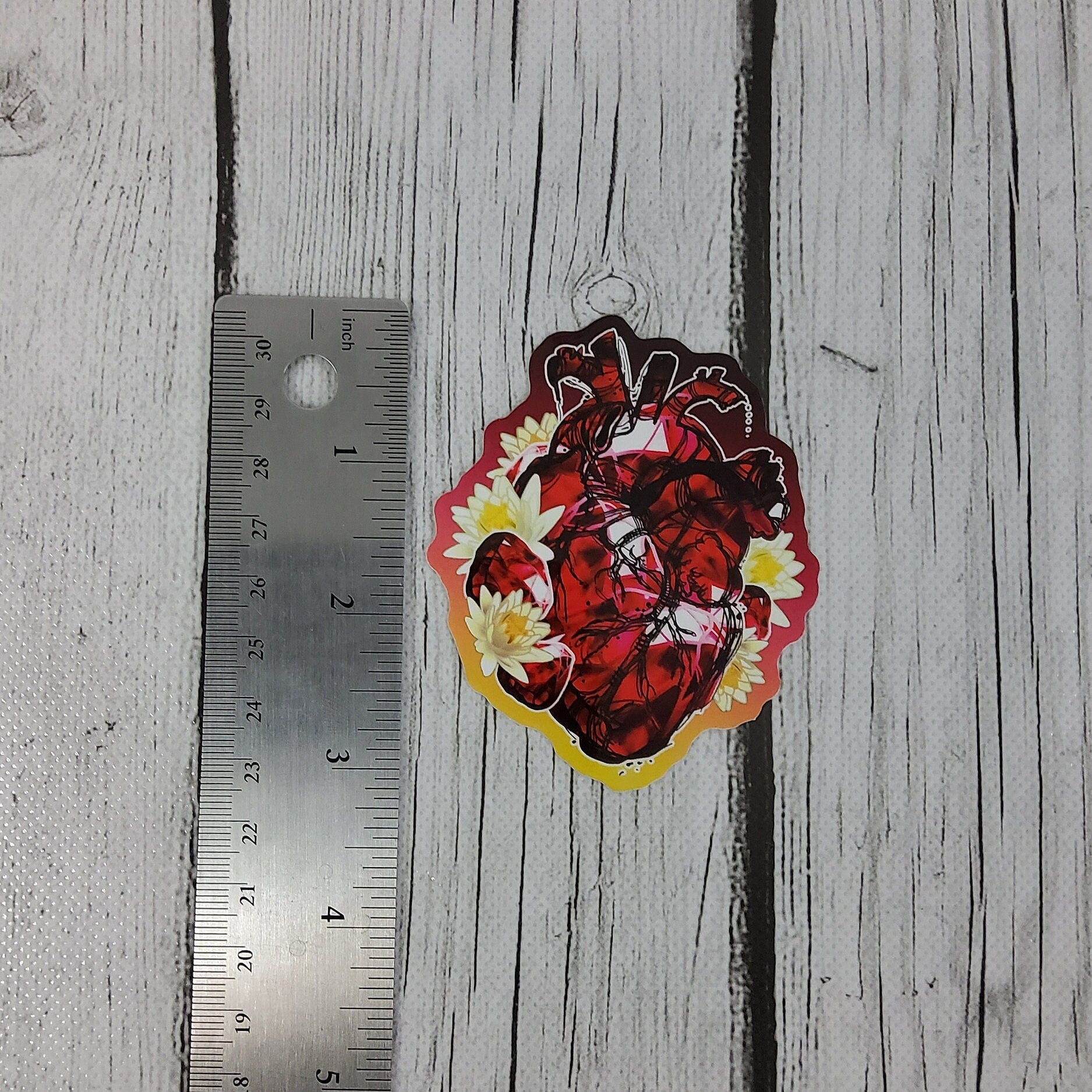 GLOSSY STICKER: July Ruby Heart and Water Lily Crystal , July Birthstone and Flower Sticker , July Ruby Sticker , Ruby Crystal Sticker