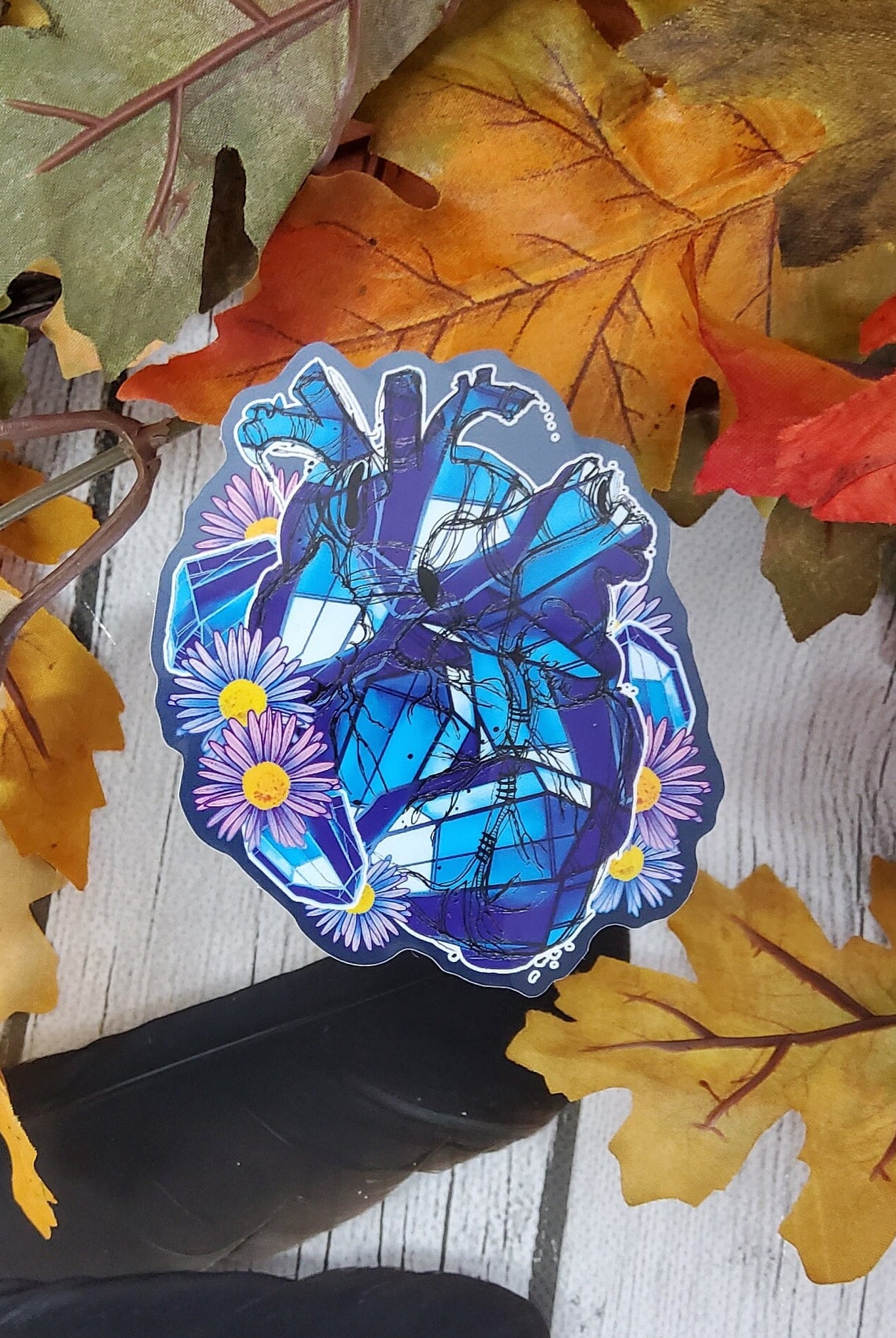 GLOSSY STICKER: September Sapphire Heart and Aster Flower Birth Crystal Die Cut Sticker , Sapphire Crystal , Sapphire Sticker , Blue Crystal