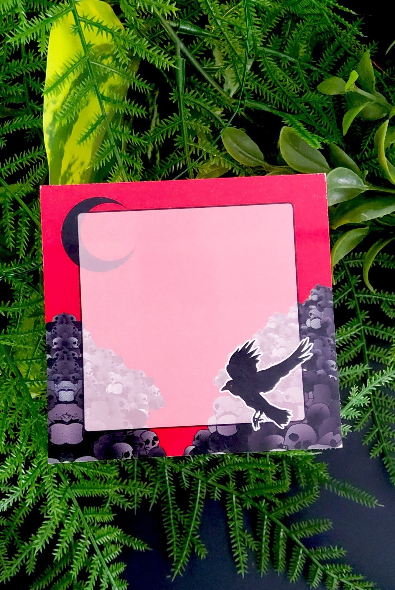 STICKY NOTES: Crow and Skulls with Black Moon , Red Sky and Crow Memo Pad , Crow and Skulls , Red Sky Omen Lined Sticky Notes