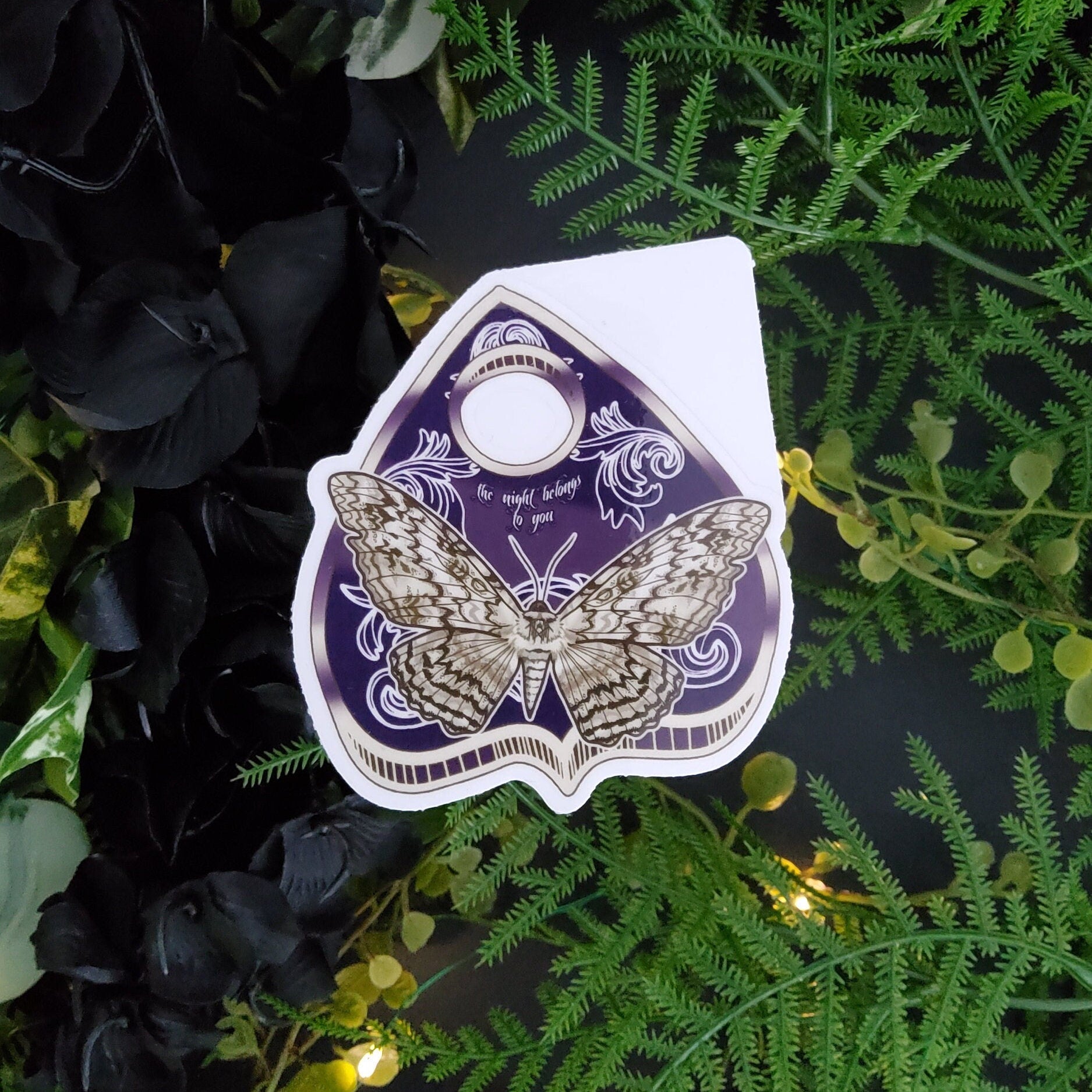 GLOSSY STICKER: White Witch Moth and Purple Planchette Die Cut , Night Belongs to You Sticker , Planchette Sticker , Witch Moth Sticker