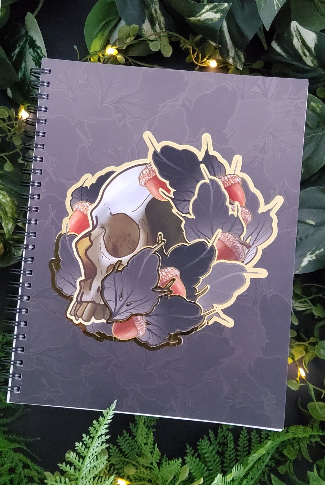 SPIRAL NOTEBOOK : Skull with Acorns and Leaves and Gold Foiling , Acorn Skull , Dark Aesthetic Skull and Leaves Notebook , Dark Art Notebook