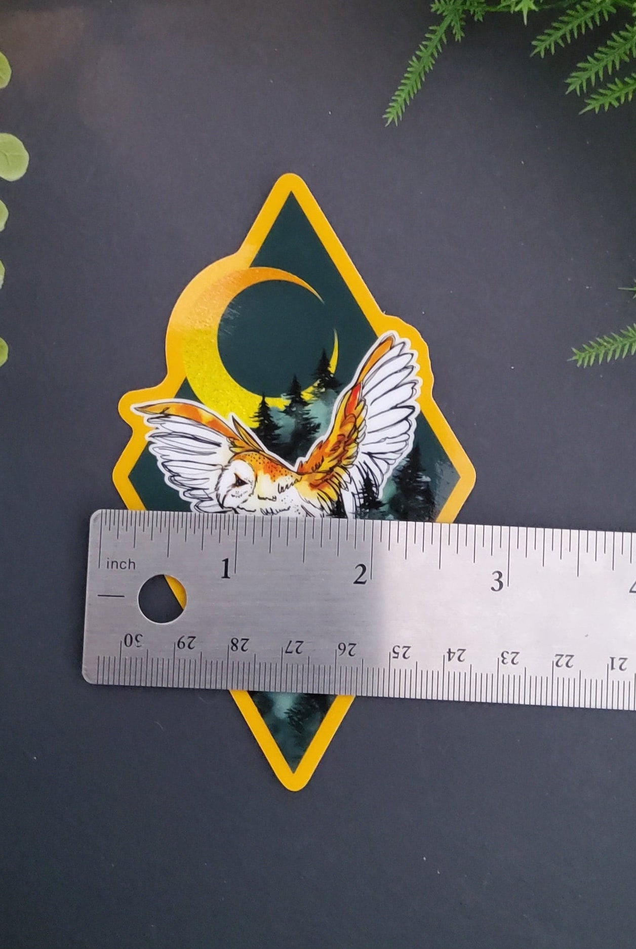 GOLD GLOSSY STICKER: The Owl Sparkly Diamond Sticker , The Owl and Dark Forest Foil Sticker , The Owl Forest Sticker , Barn Owl Sticker