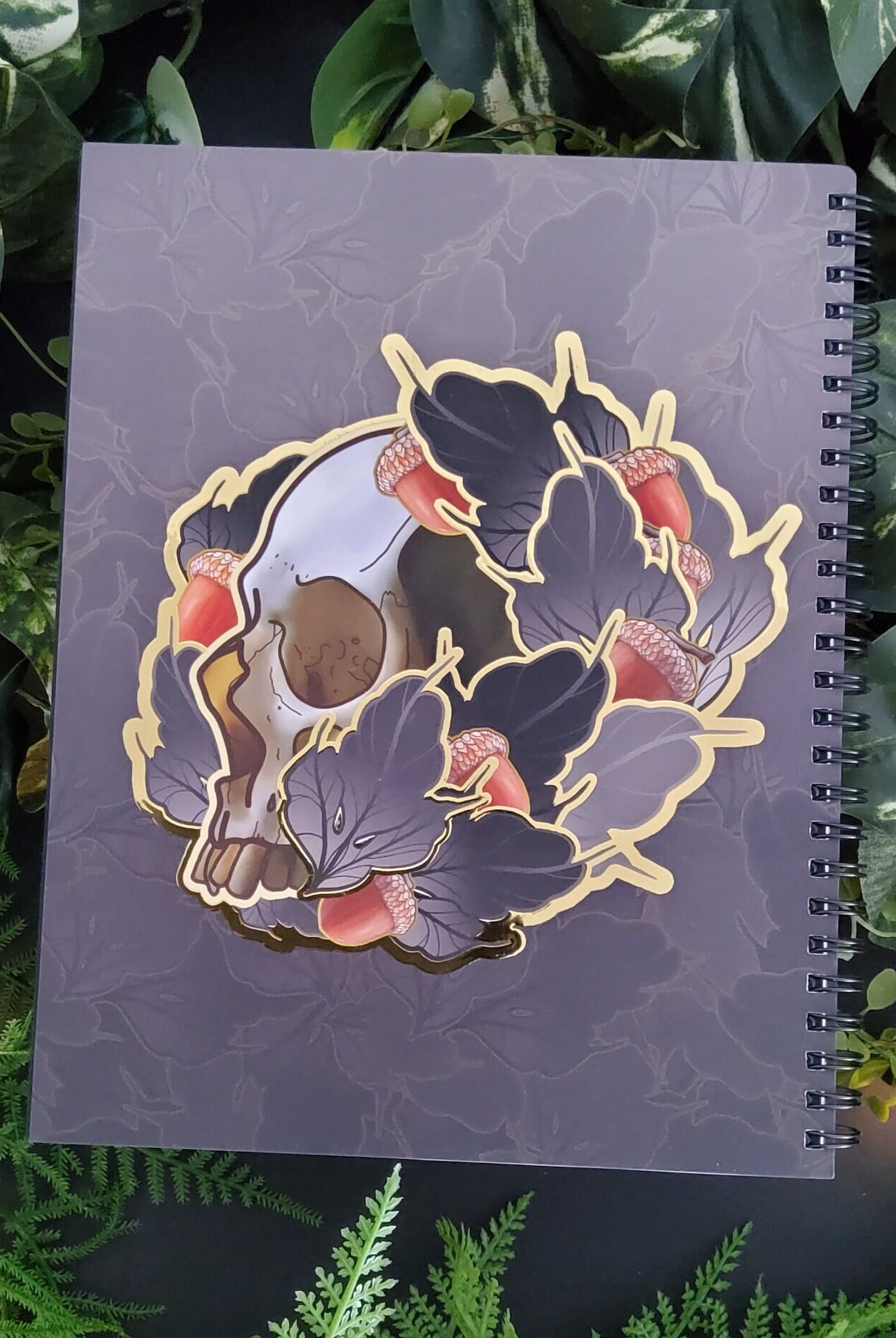 SPIRAL NOTEBOOK : Skull with Acorns and Leaves and Gold Foiling , Acorn Skull , Dark Aesthetic Skull and Leaves Notebook , Dark Art Notebook