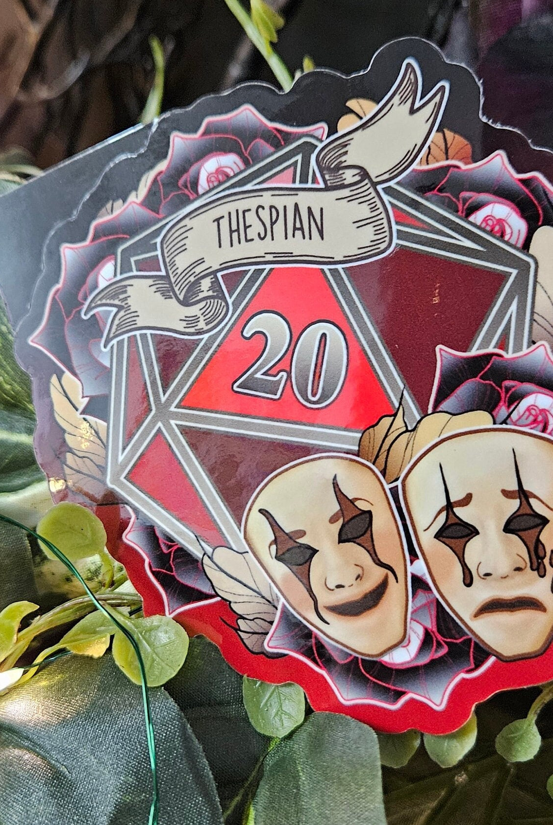 GLOSSY STICKER: D20 The Thespian , Floral D20 Sticker , Floral D20 Stickers, D20 Sticker , D20 Thespian Sticker , Player Type D20