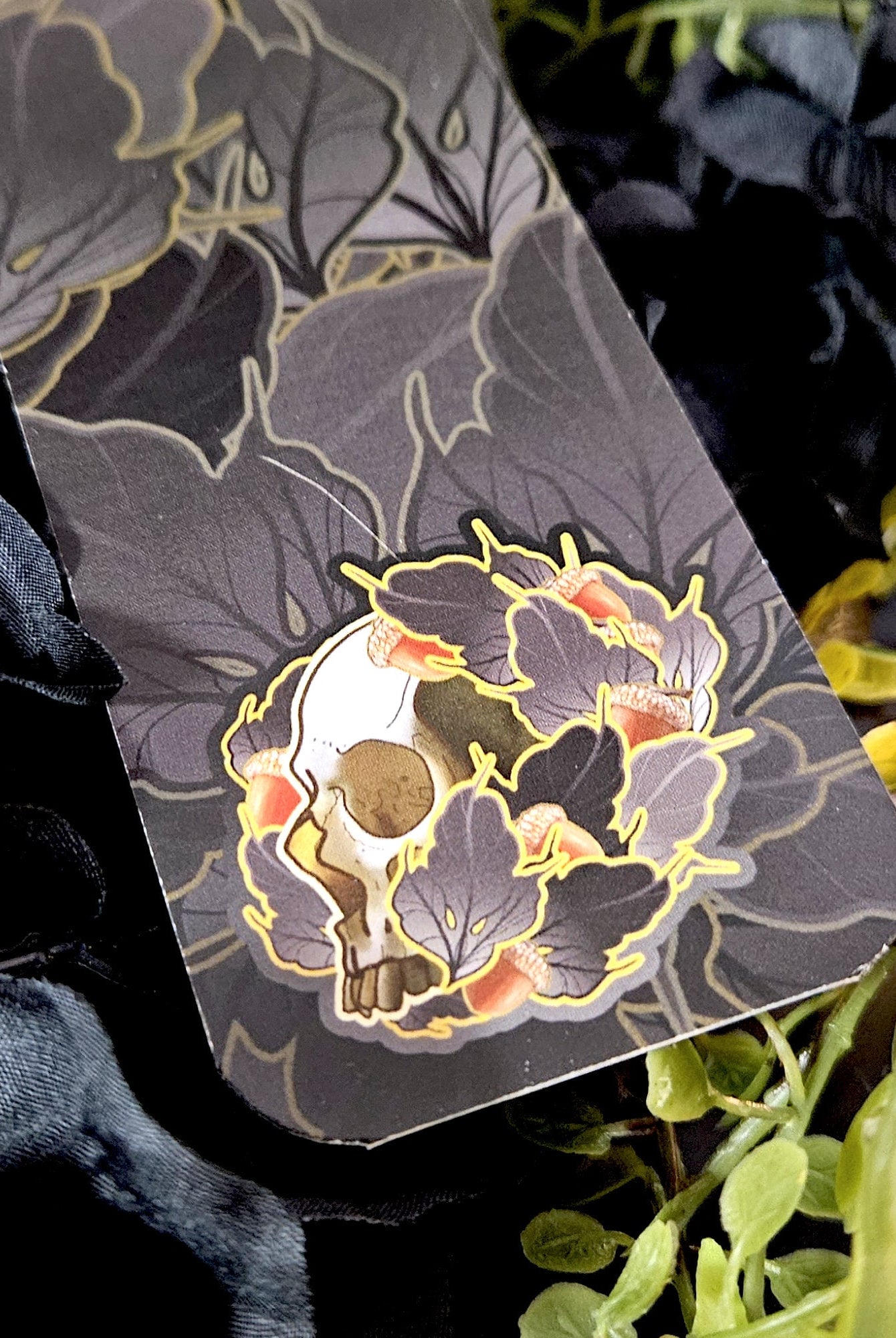 BOOKMARK: Skull with Acorns and Leaves , Acorn Skull Bookmark , Dark Aesthetic Skull and Leaves , Dark Art Bookmark