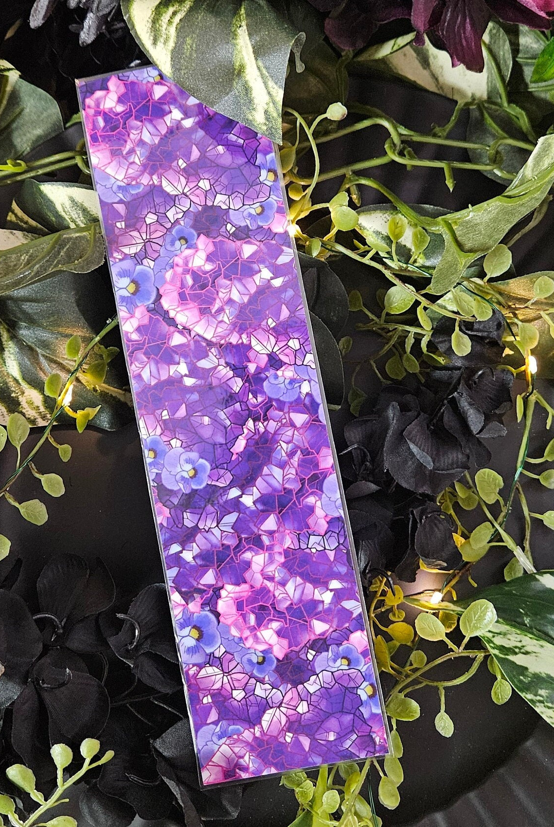 BOOKMARK: February Amethyst Heart and Violet Flowers , Purple Amethyst Crystal Bookmark , Purple Crystal Bookmark , Purple Crystal