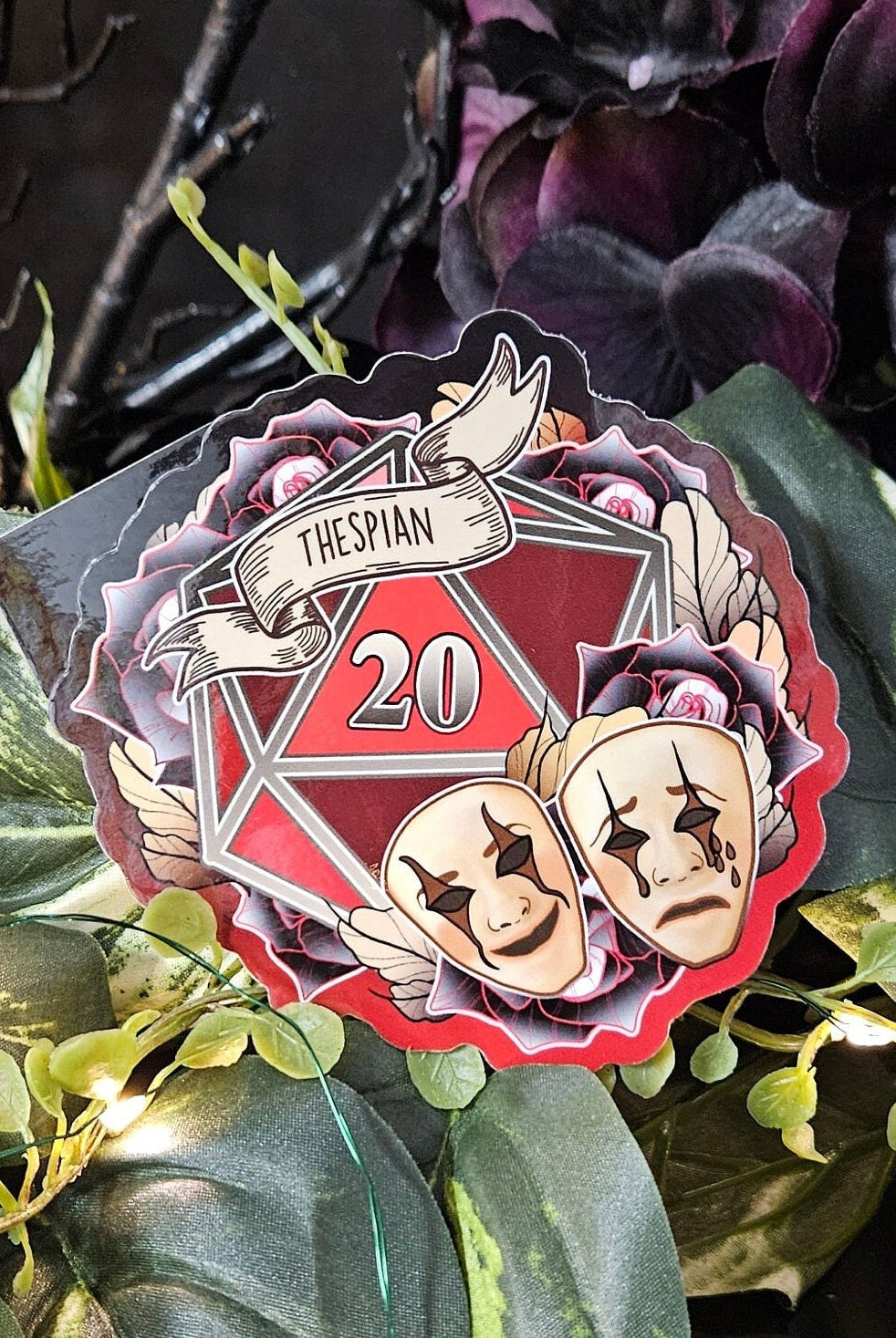 GLOSSY STICKER: D20 The Thespian , Floral D20 Sticker , Floral D20 Stickers, D20 Sticker , D20 Thespian Sticker , Player Type D20