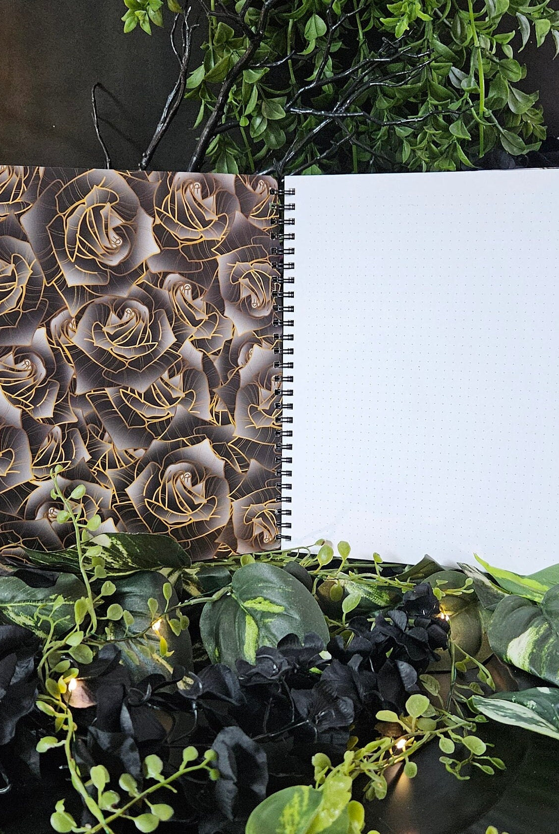 SPIRAL NOTEBOOK : Florence Bat with Black Moon and DOT Grid Pages , Goth Bat and Dark Roses Spiral Notebook , Bat and Roses Notebook