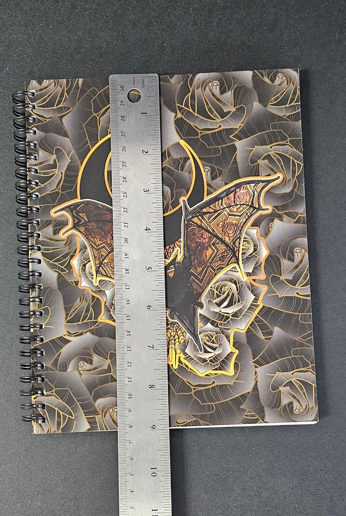 SPIRAL NOTEBOOK : Florence Bat with Black Moon and DOT Grid Pages , Goth Bat and Dark Roses Spiral Notebook , Bat and Roses Notebook