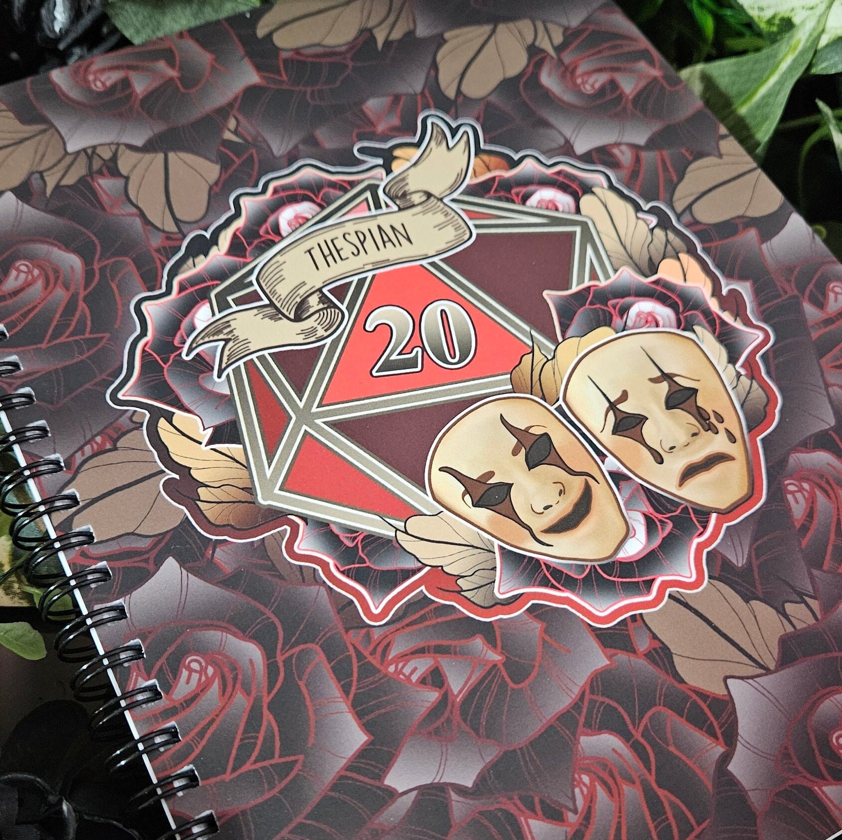 SPIRAL NOTEBOOK: The Thespian D20 with Florals , Floral D20 Notebook , Floral D20 Blank Notebook , D20 Notebook , D20 Thespian