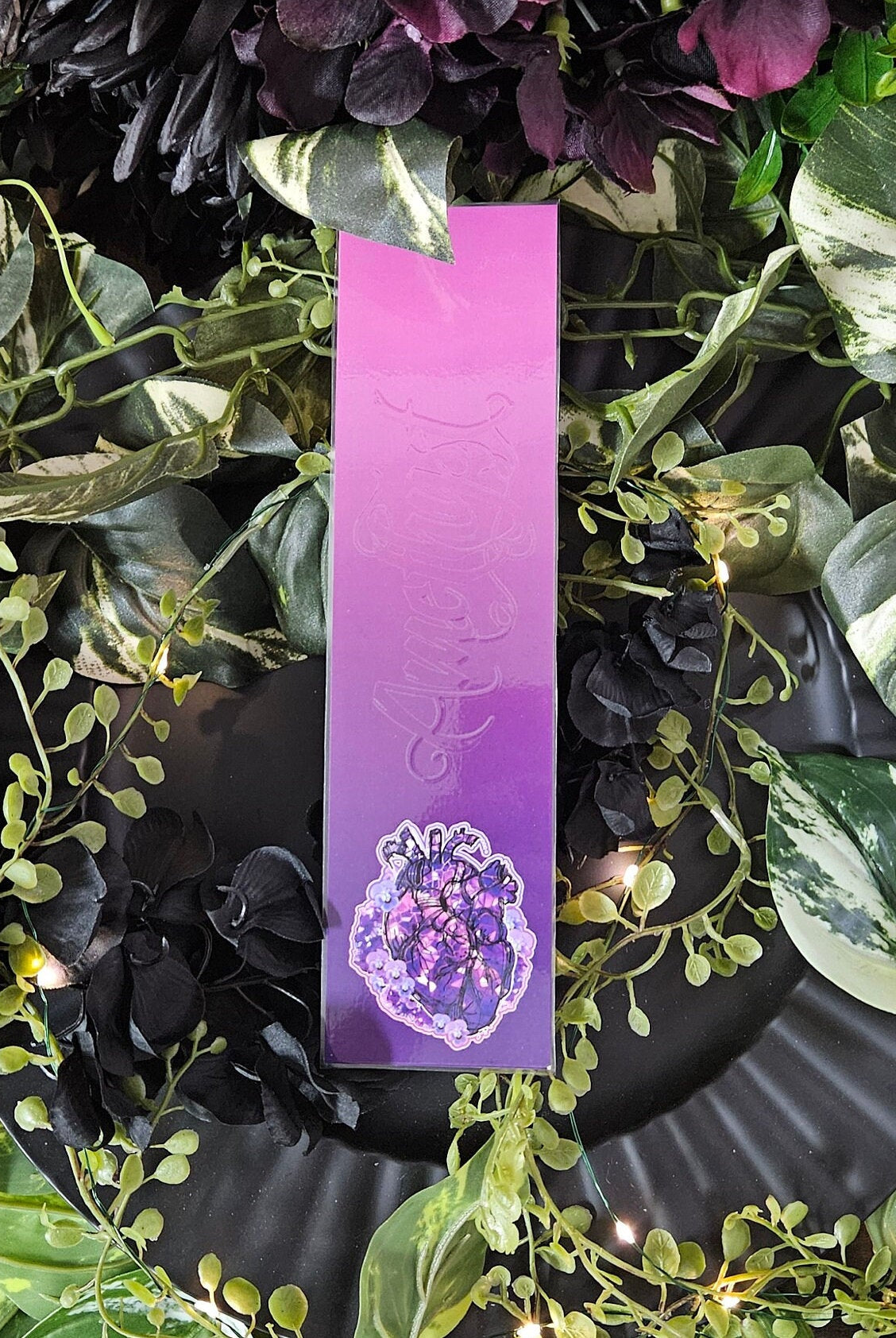 BOOKMARK: February Amethyst Heart and Violet Flowers , Purple Amethyst Crystal Bookmark , Purple Crystal Bookmark , Purple Crystal