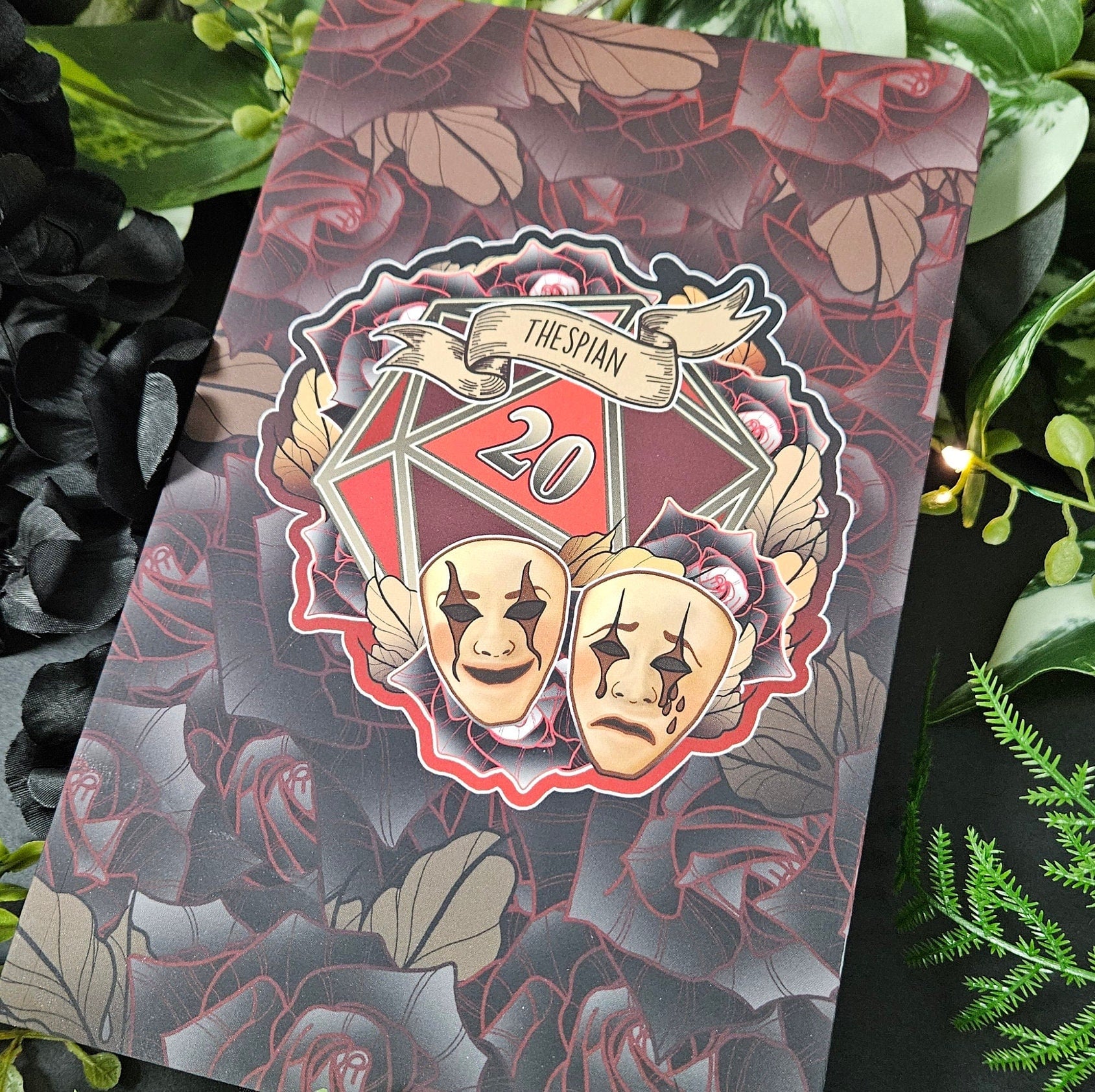 LAYFLAT NOTEBOOK: Thespian Drama Masks D20 , D20 and Floral Art , The Thespian Layflat Notebook , D20 Player Stationery