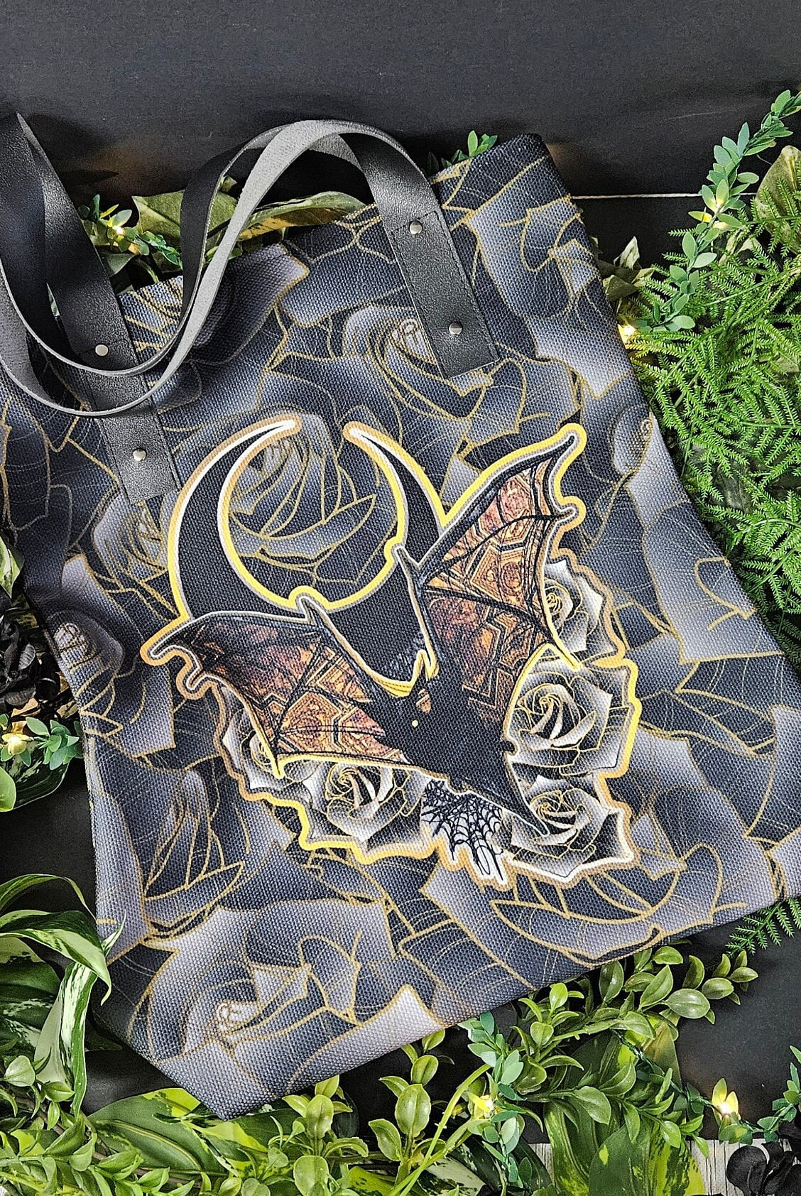 TOTE BAG : The Florence Bat with Black Moon Bag with Vegan Leather Straps and Magnetic Closure