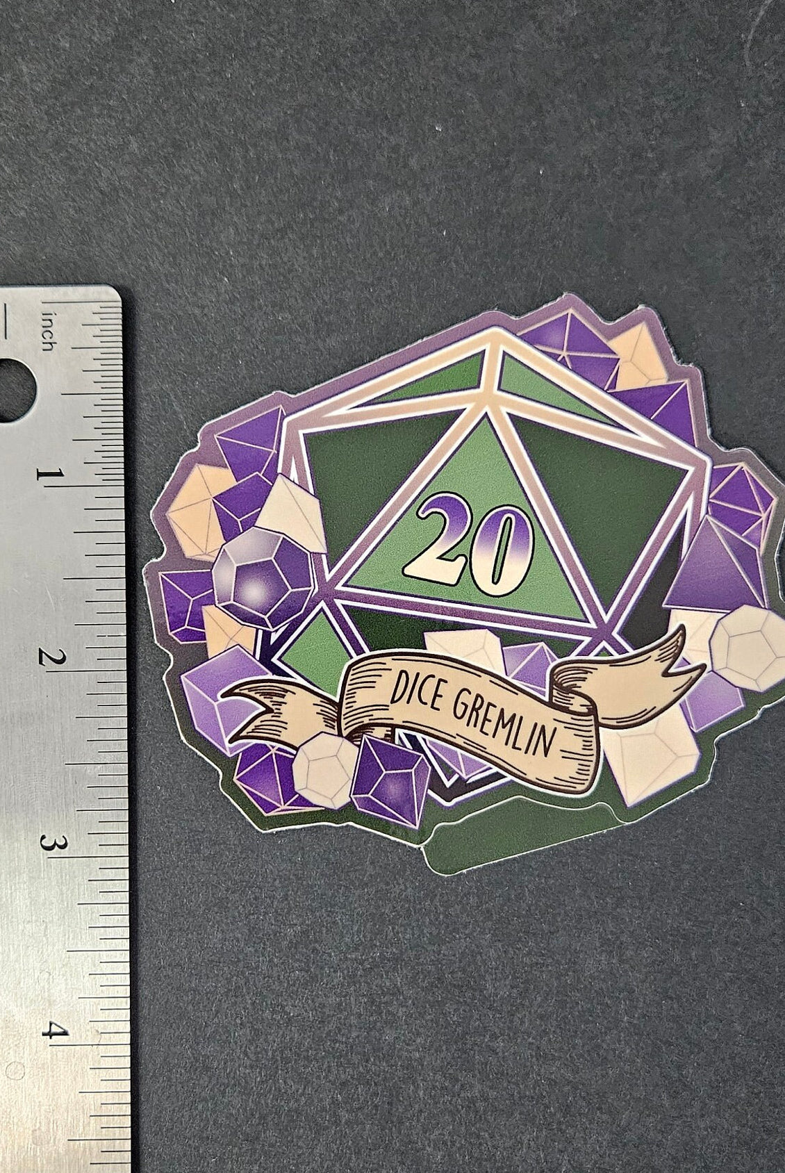 GLOSSY STICKER: D20 The Dice Gremlin , Dice Gremlin D20 Sticker , D20 Stickers, D20 Sticker , D20 Dice Gremlin Sticker , Player Type D20
