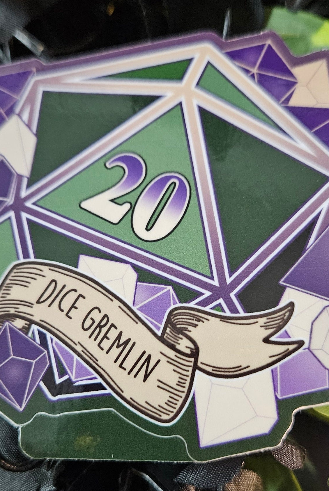 GLOSSY STICKER: D20 The Dice Gremlin , Dice Gremlin D20 Sticker , D20 Stickers, D20 Sticker , D20 Dice Gremlin Sticker , Player Type D20