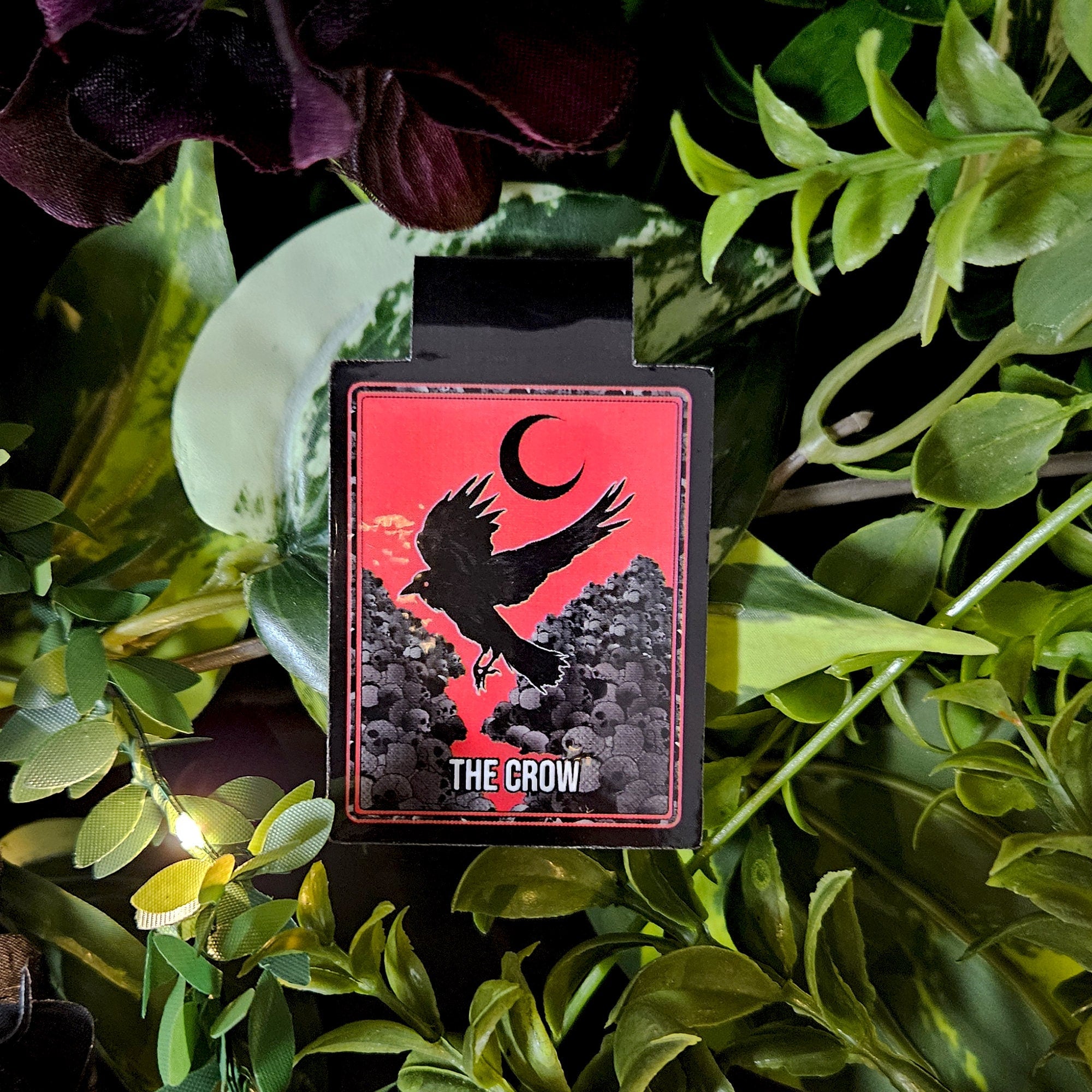 HANDMADE MAGNETIC BOOKMARK: Crow and Skulls with Black Moon , Red Sky and Crow Bookmark , Crow and Skulls , Red Sky Omen