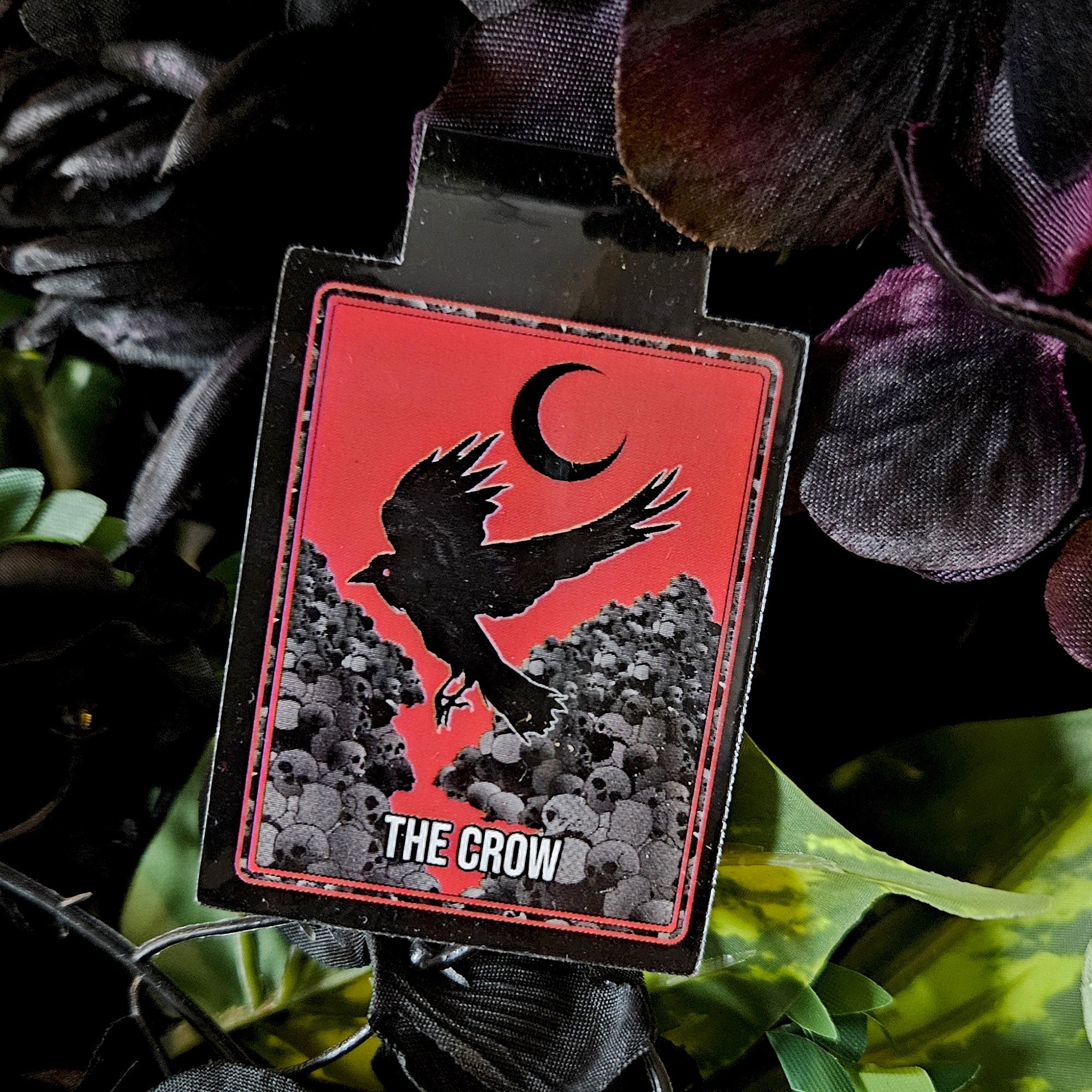 HANDMADE MAGNETIC BOOKMARK: Crow and Skulls with Black Moon , Red Sky and Crow Bookmark , Crow and Skulls , Red Sky Omen