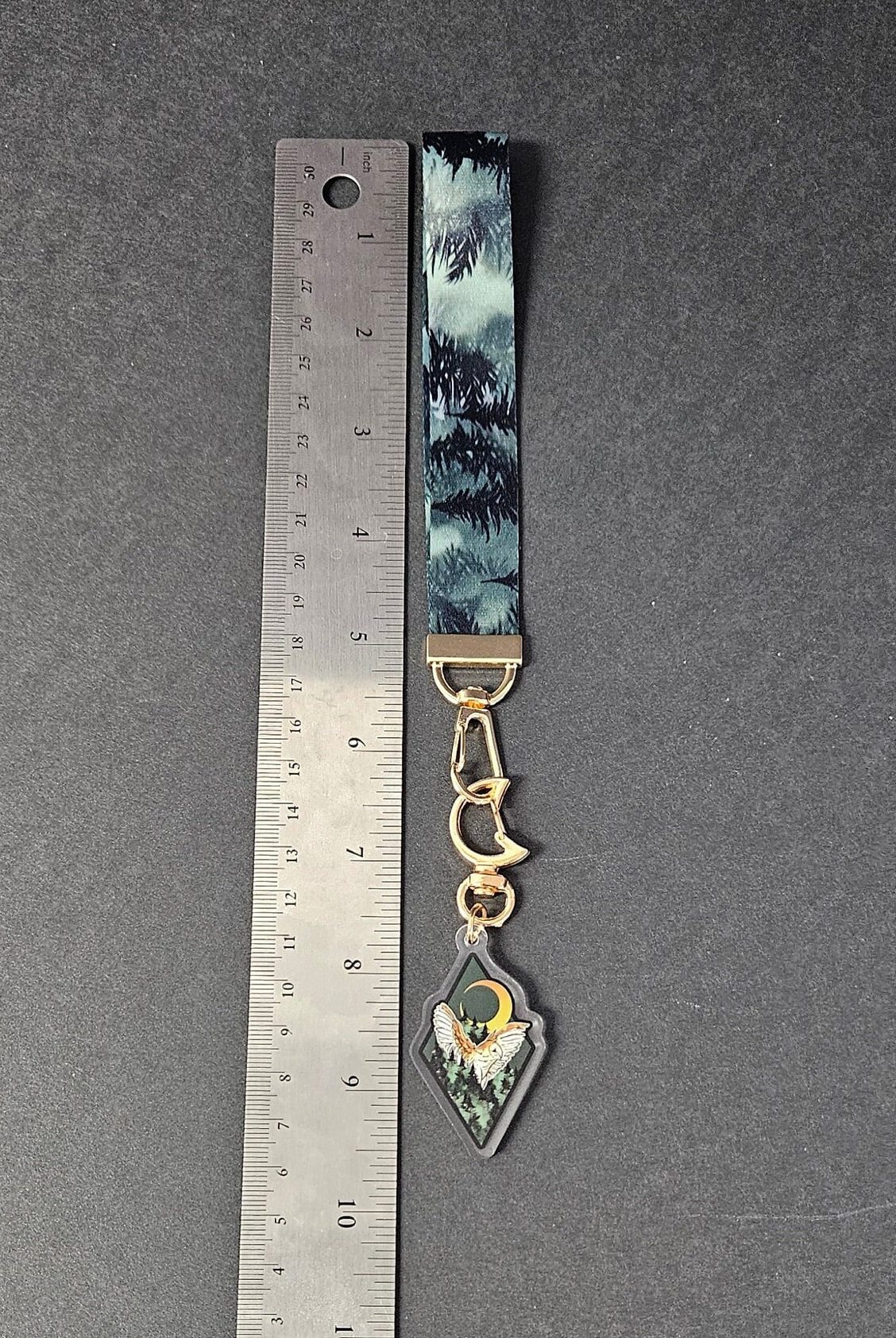 WRISTLET with Double Sided Charm: Dark Forest Barn Owl , Dark Forest Barn Owl Charm , Dark Forest Barn Owl Lanyard , Owl Accessory