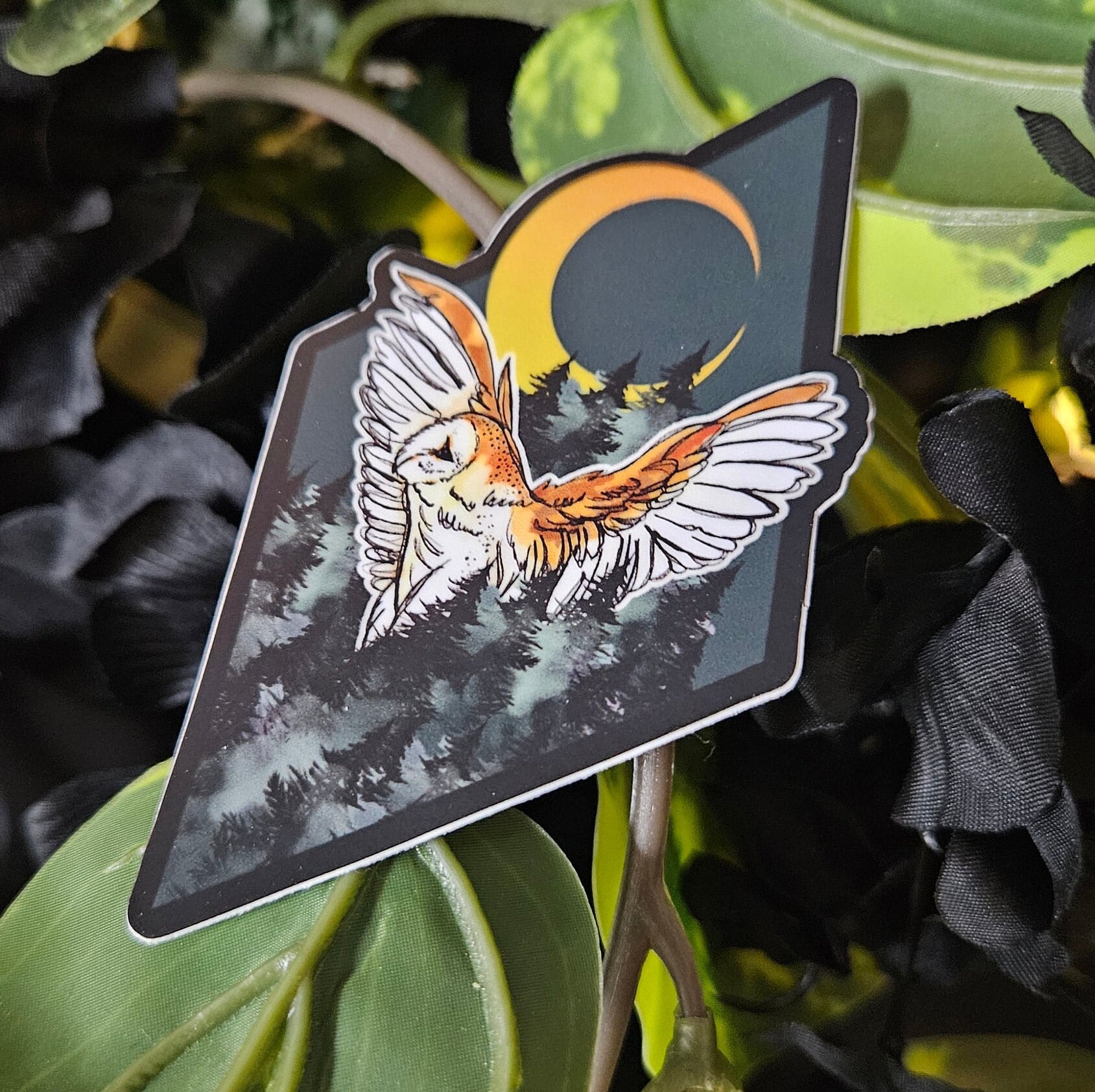 MATTE STICKER: Spooky Forest Barn Owl Art , Teal and Gold Forest Art , Barn Owl Flight Sticker , Barn Owl Sticker , Owl Sticker