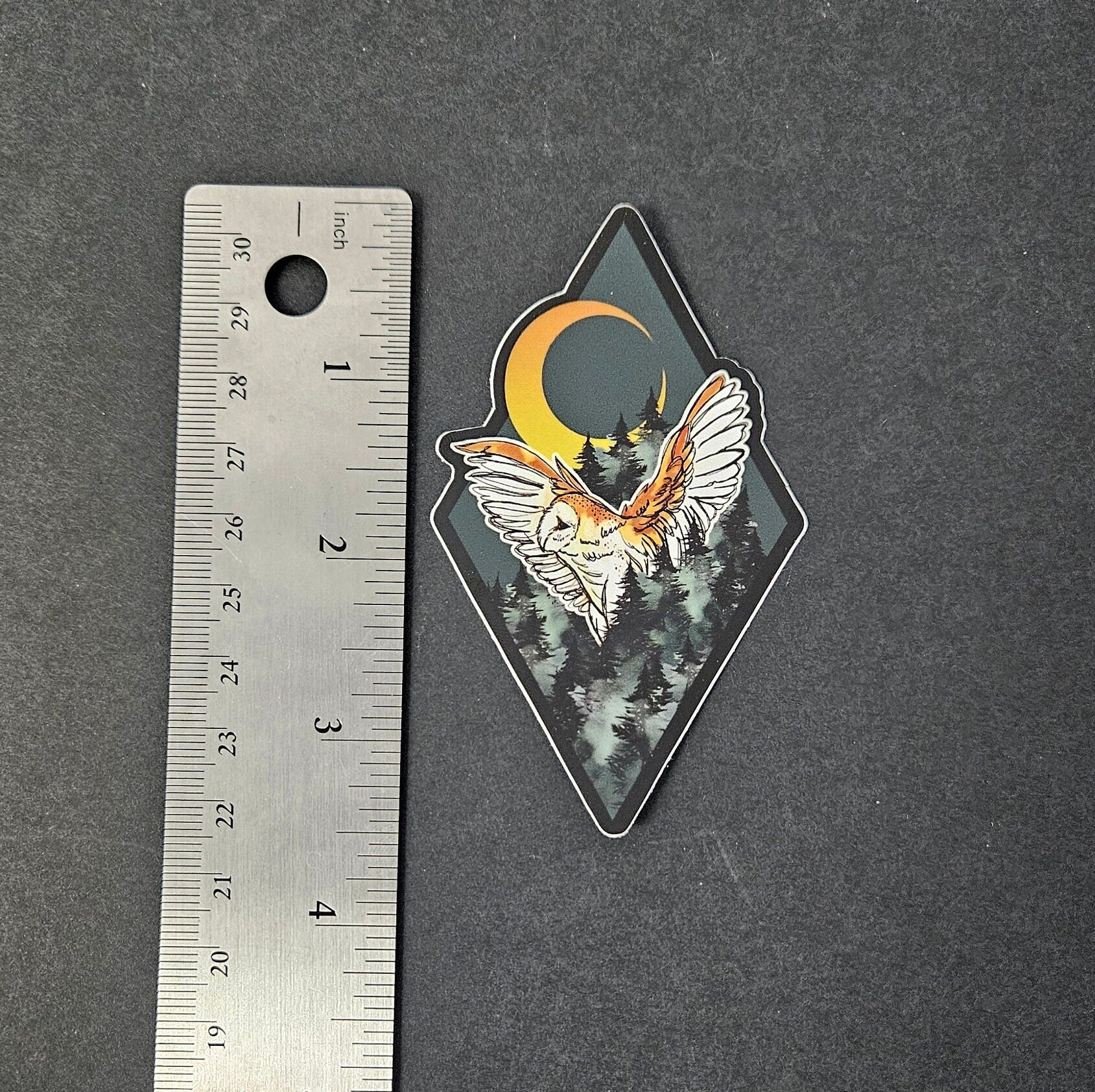 MATTE STICKER: Spooky Forest Barn Owl Art , Teal and Gold Forest Art , Barn Owl Flight Sticker , Barn Owl Sticker , Owl Sticker