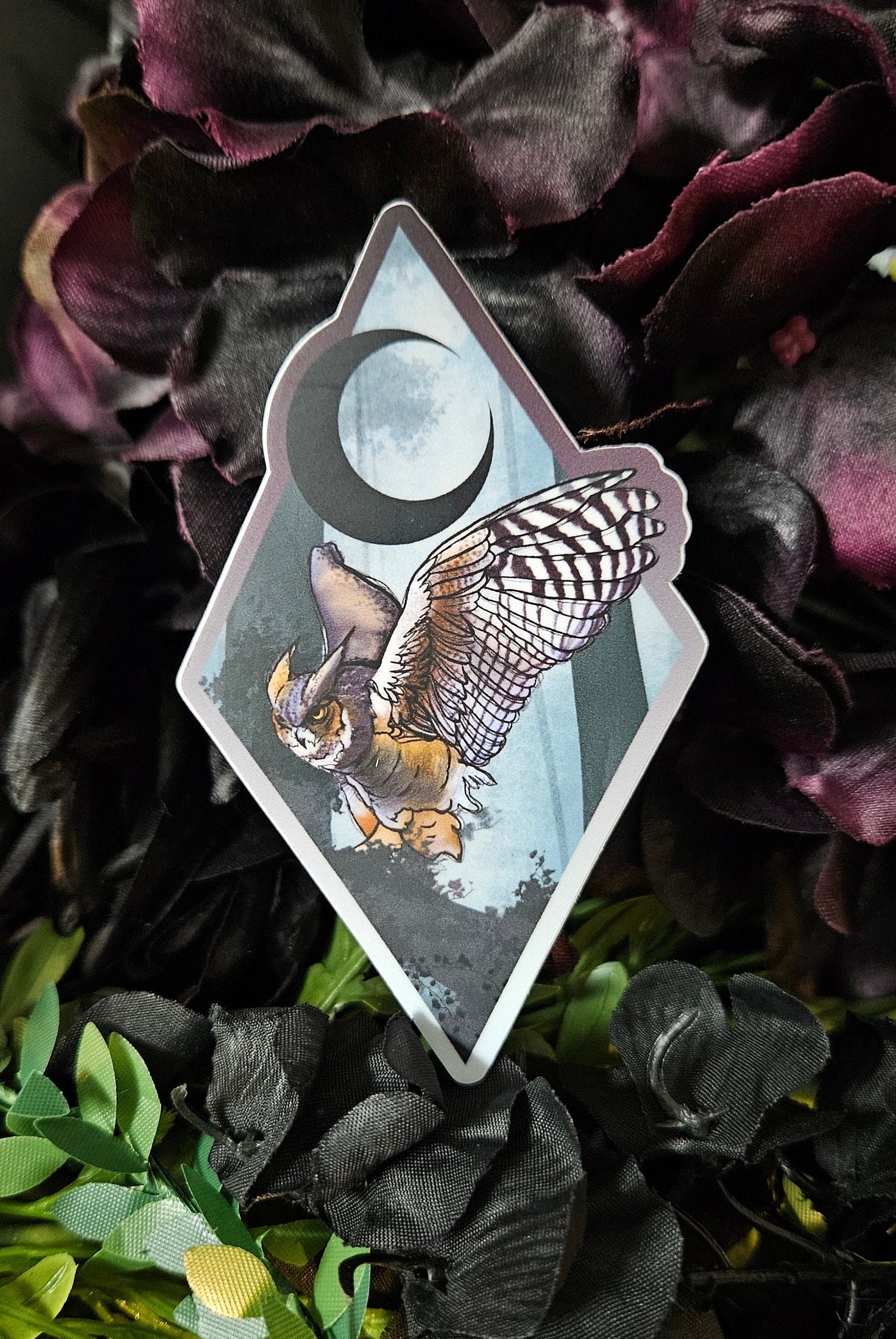 MATTE STICKER: Horned Owl and Misty Forest , Great Horned Owl in a Blue Twilight , Owl and Forest , Owl and Misty Forest Art