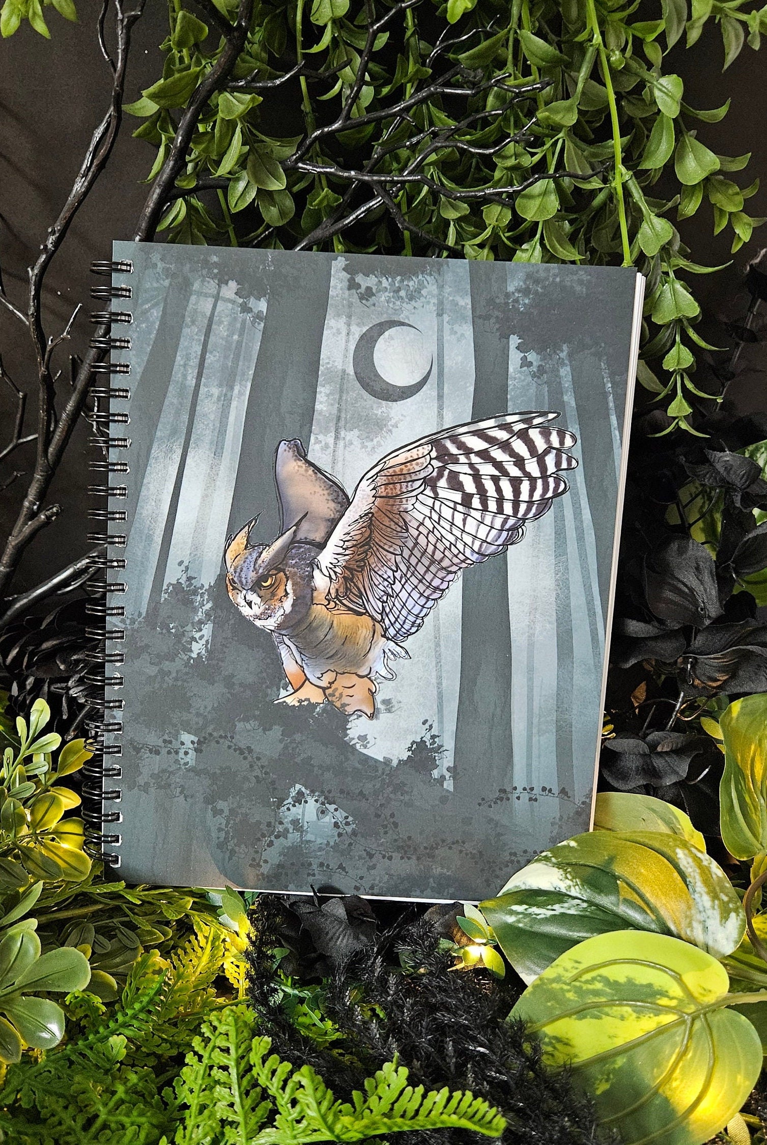 SPIRAL NOTEBOOK : Great Horned Owl in a Misty Forest with College Ruled Pages , Horned Owl Spiral , Great Horned Owl Notebook , Owl Journal