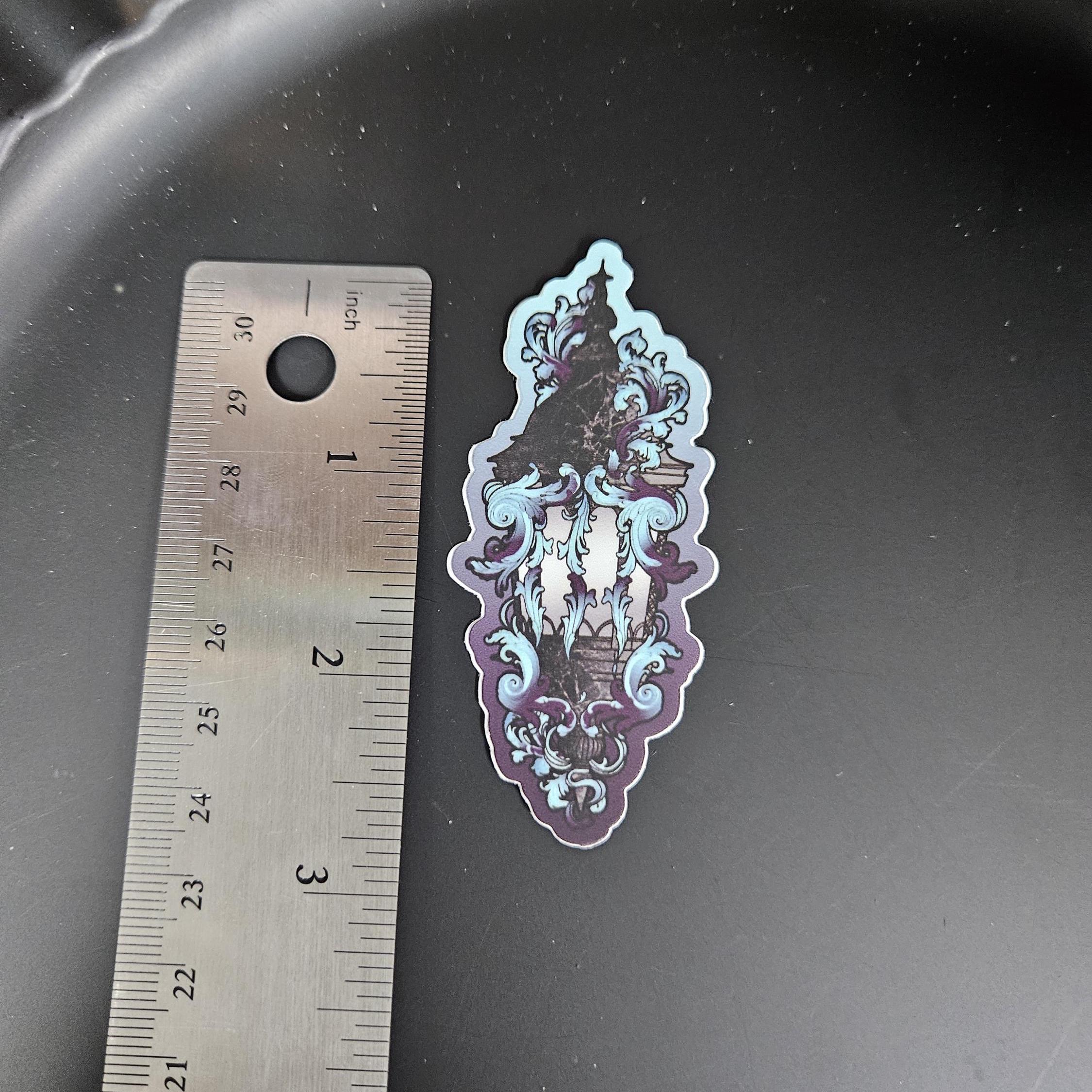 MATTE STICKER: Dark Ghost Lantern with Blue Filigree Decorative Sticker Acornandcrowstudio