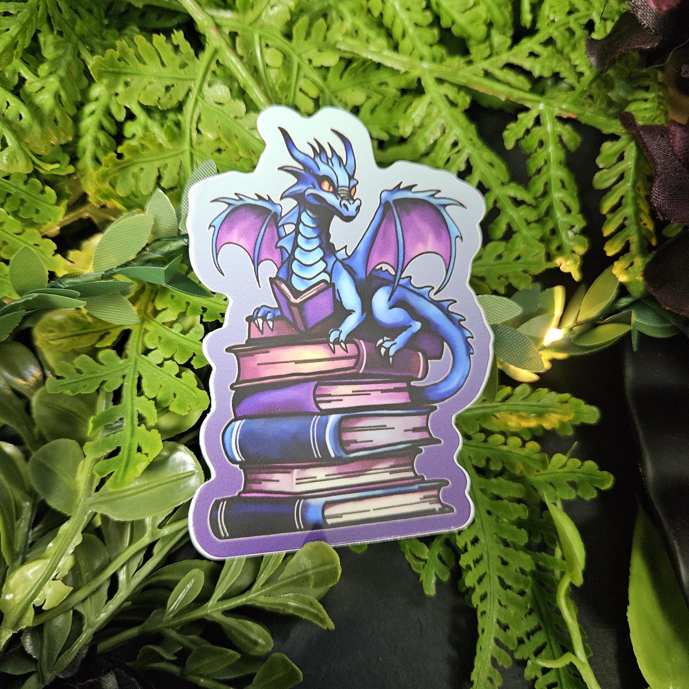 MATTE STICKER: Blue Bookish Dragon Decorative Sticker Acornandcrowstudio
