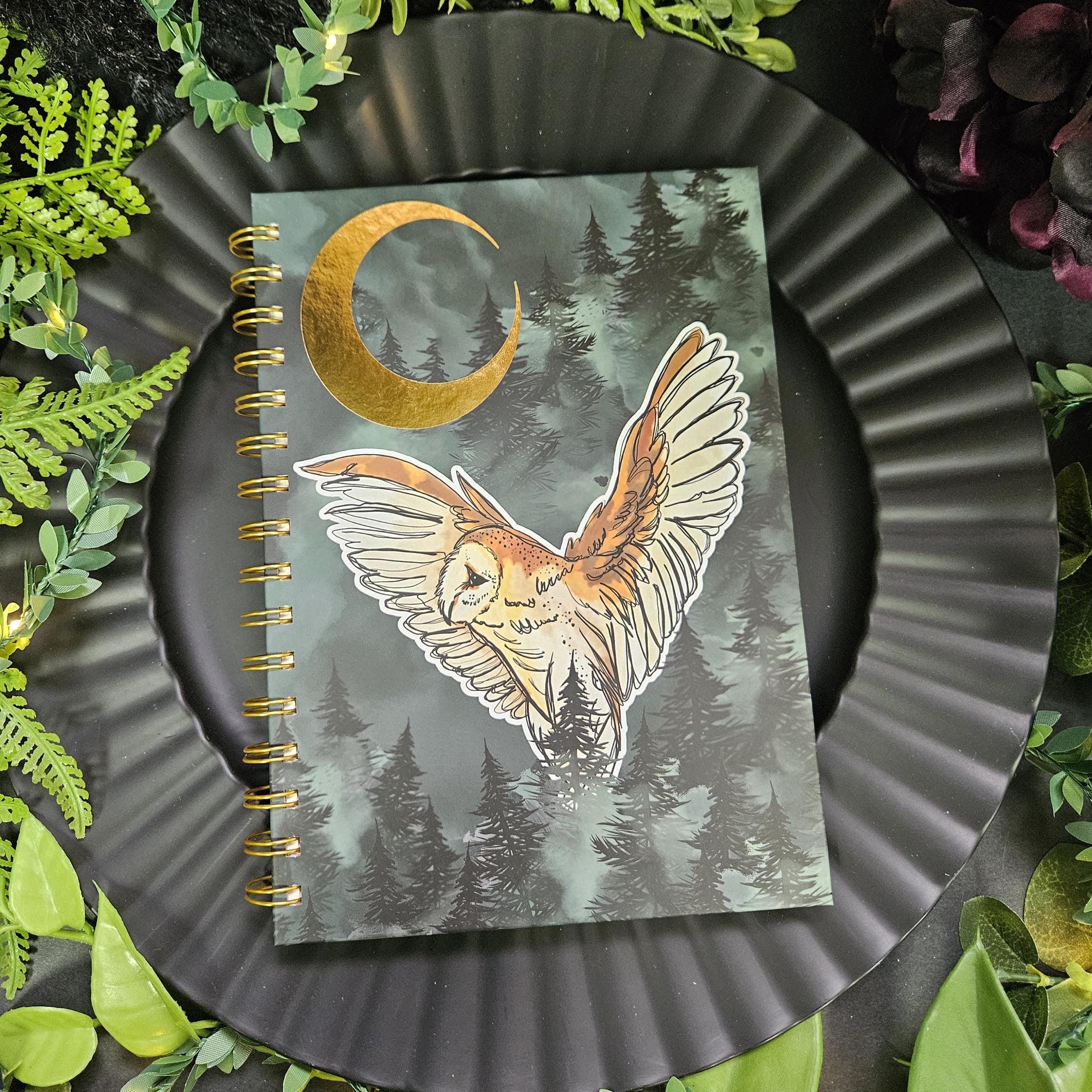 Forest Owl and Gold FOIL Moon A5 Spiral Notebook with LINED Pages