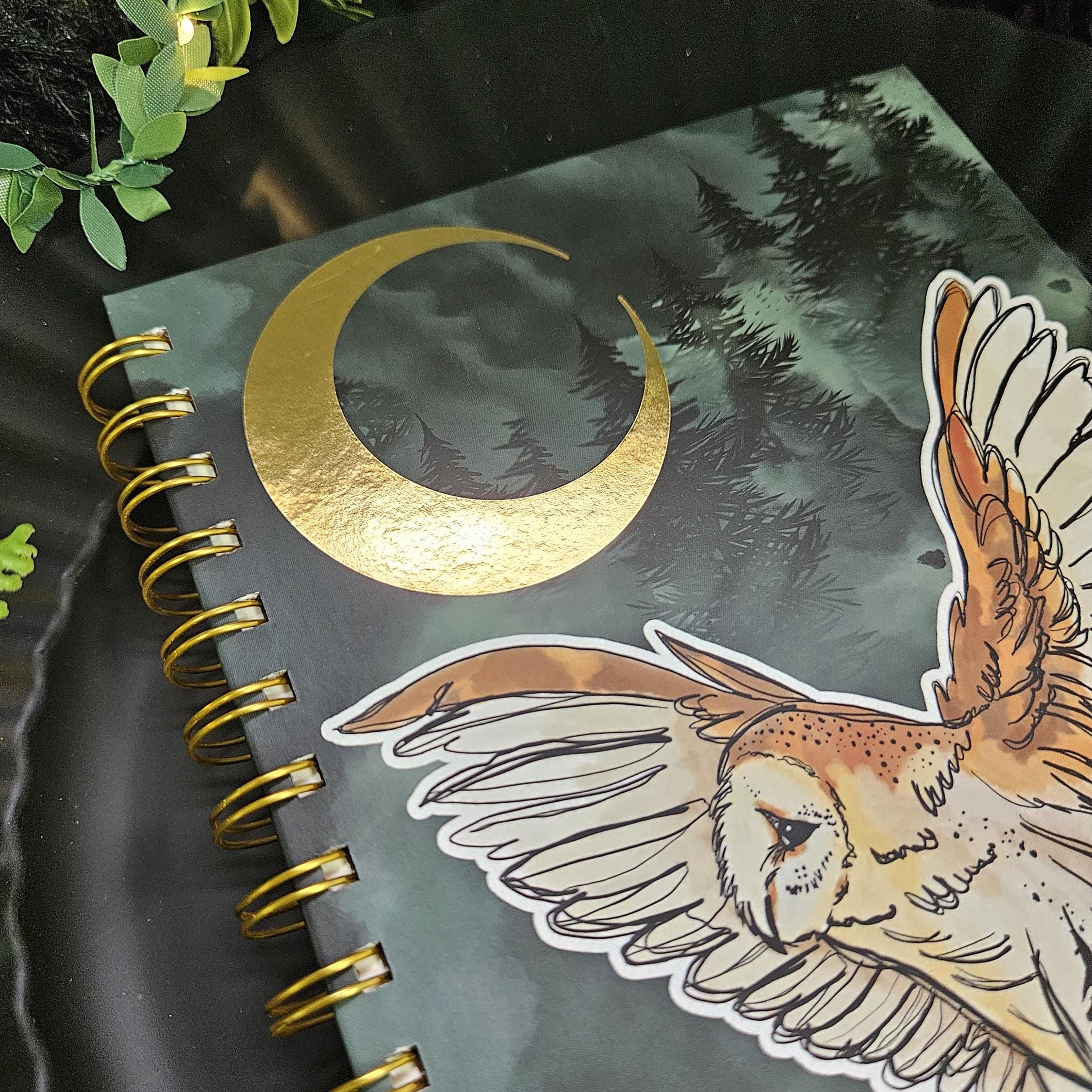 Forest Owl and Gold FOIL Moon A5 Spiral Notebook with LINED Pages