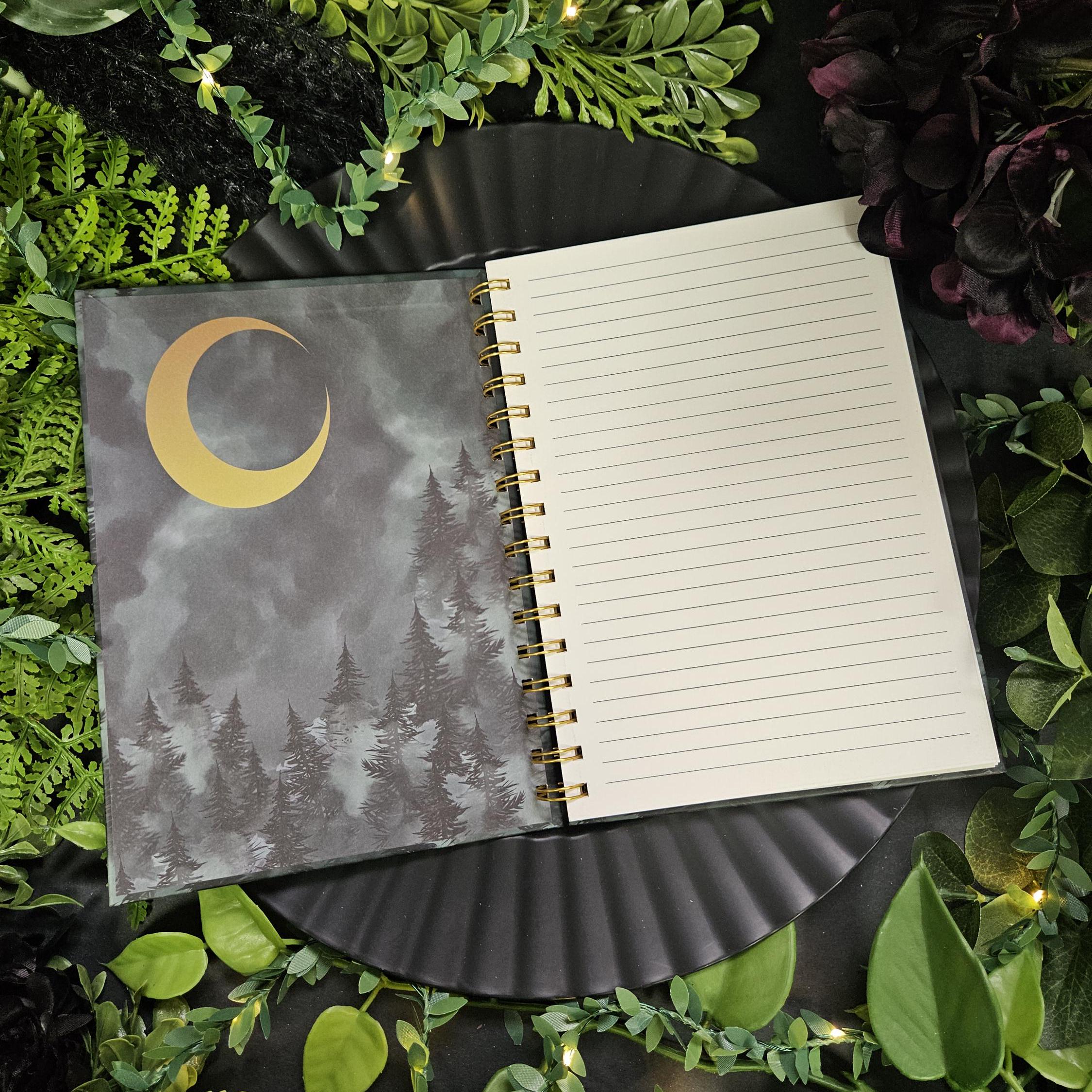 A5 Size SPIRAL NOTEBOOK: Forest Owl and Gold FOIL Moon Lined Pages , Forest Owl Notebook , Owl and Moon Art , Barn Owl Notebook