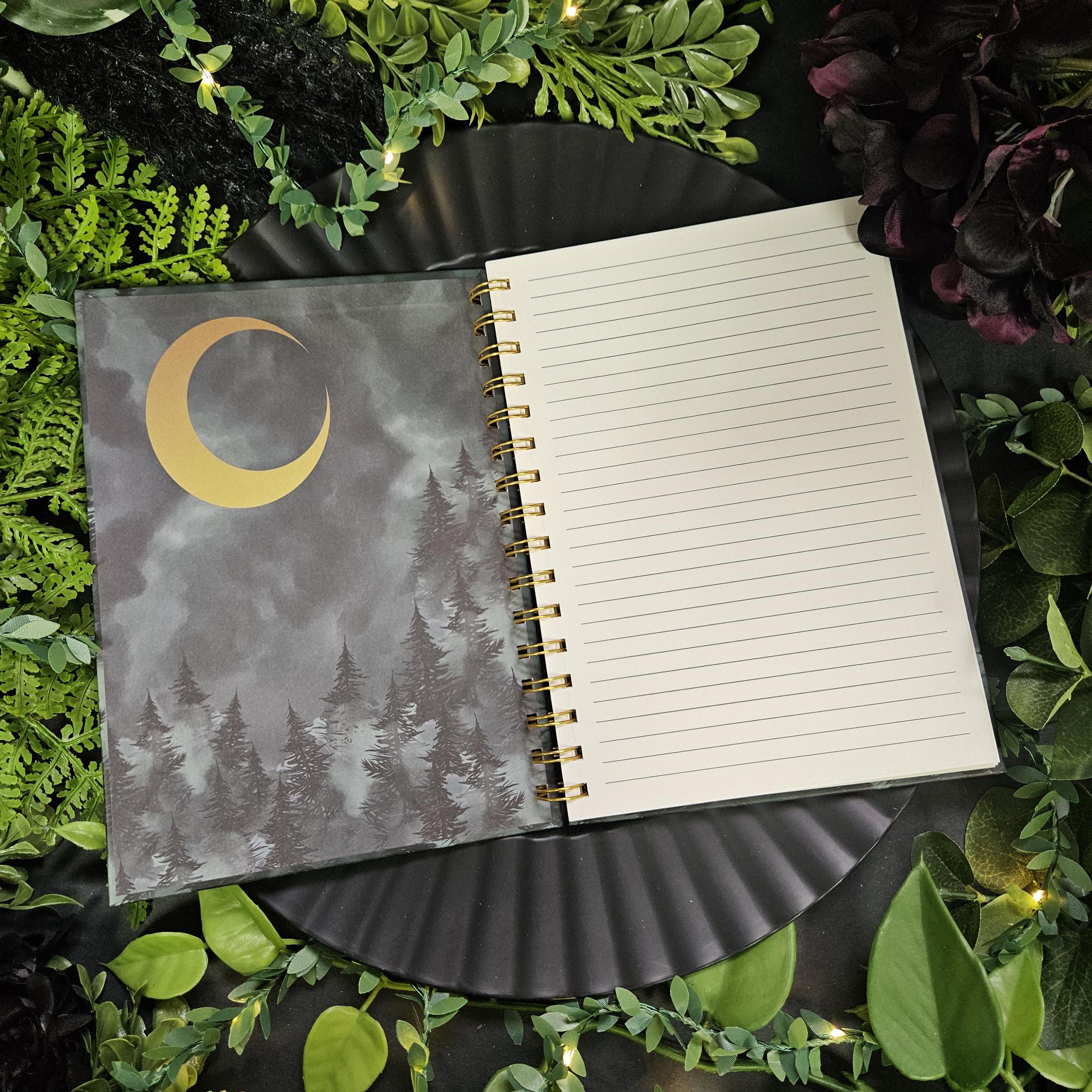 Forest Owl and Gold FOIL Moon A5 Spiral Notebook with LINED Pages
