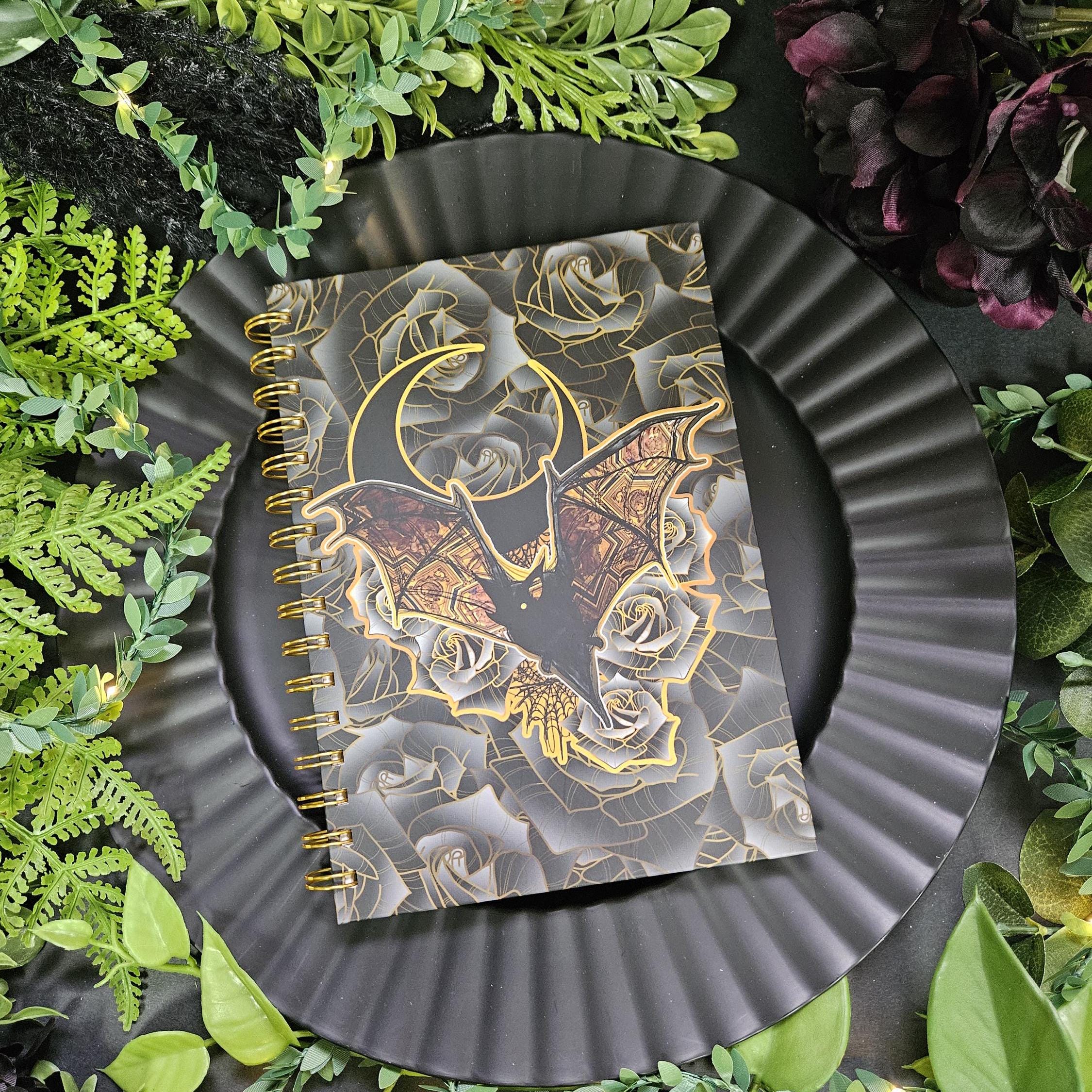 A5 SIze SPIRAL NOTEBOOK : Florence Bat with Black Moon and Lined Pages , Goth Bat and Dark Roses Spiral Notebook , Bat and Roses Notebook