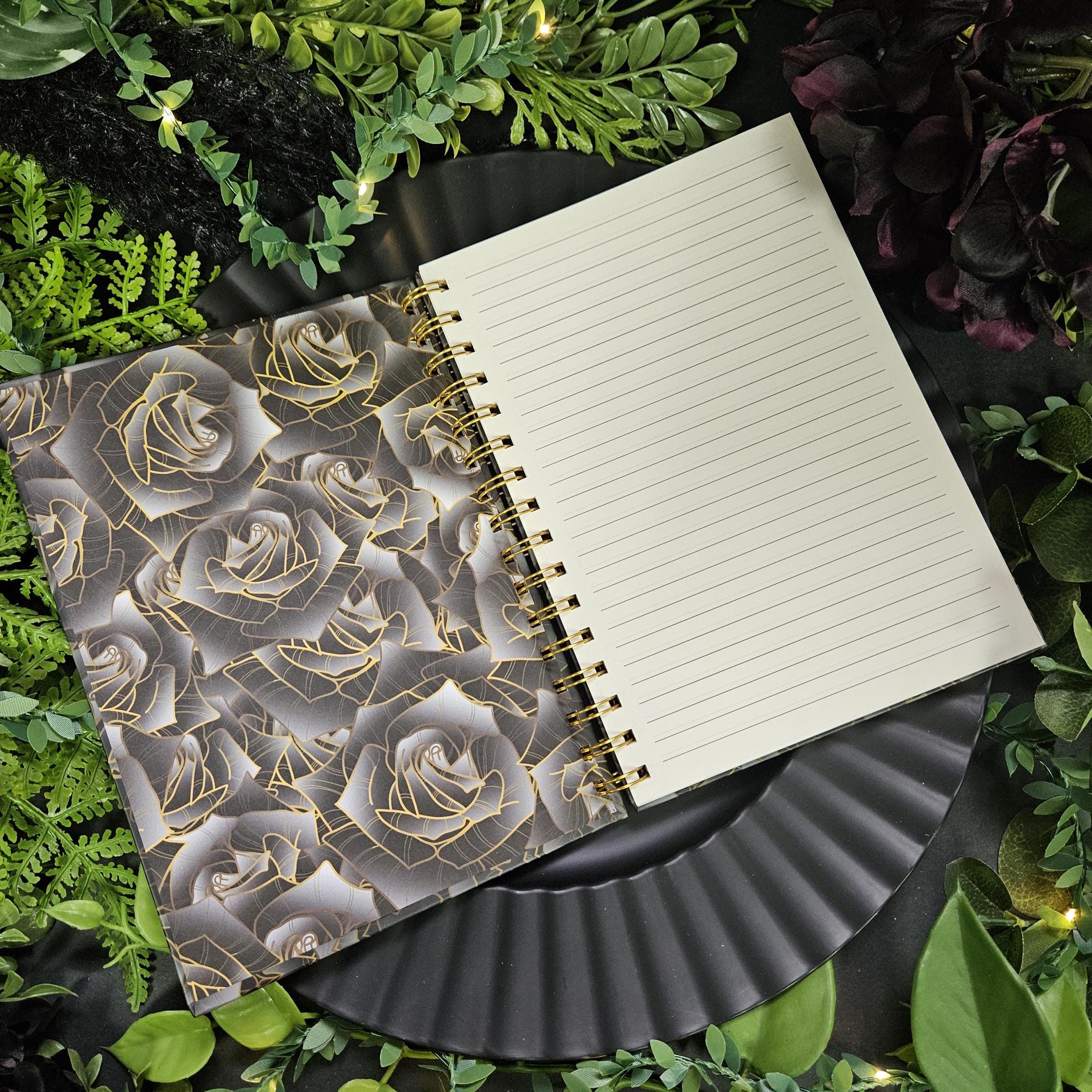 A5 SIze SPIRAL NOTEBOOK : Florence Bat with Black Moon and Lined Pages , Goth Bat and Dark Roses Spiral Notebook , Bat and Roses Notebook