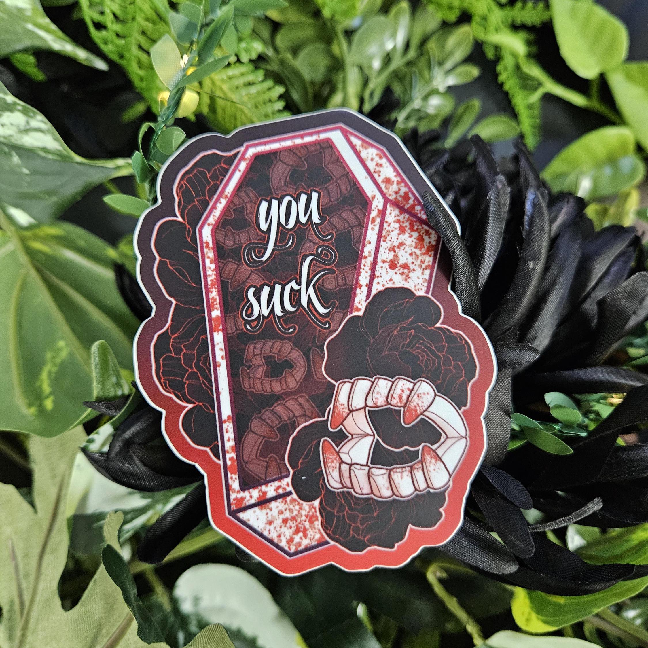 MATTE STICKER: Vampire 'You Suck' Coffin with Red Roses Decorative Sticker Acornandcrowstudio