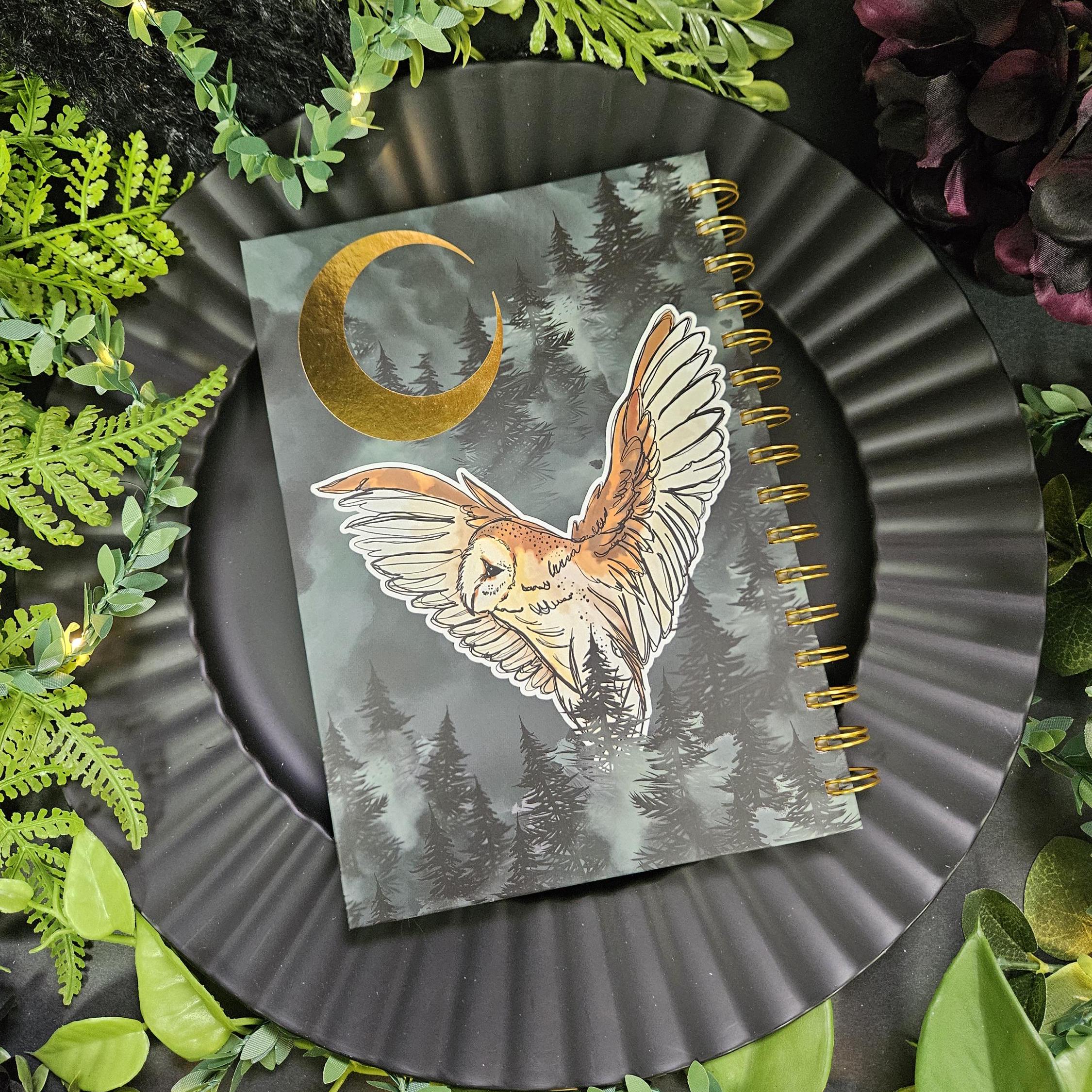 Forest Owl and Gold FOIL Moon A5 Spiral Notebook with LINED Pages