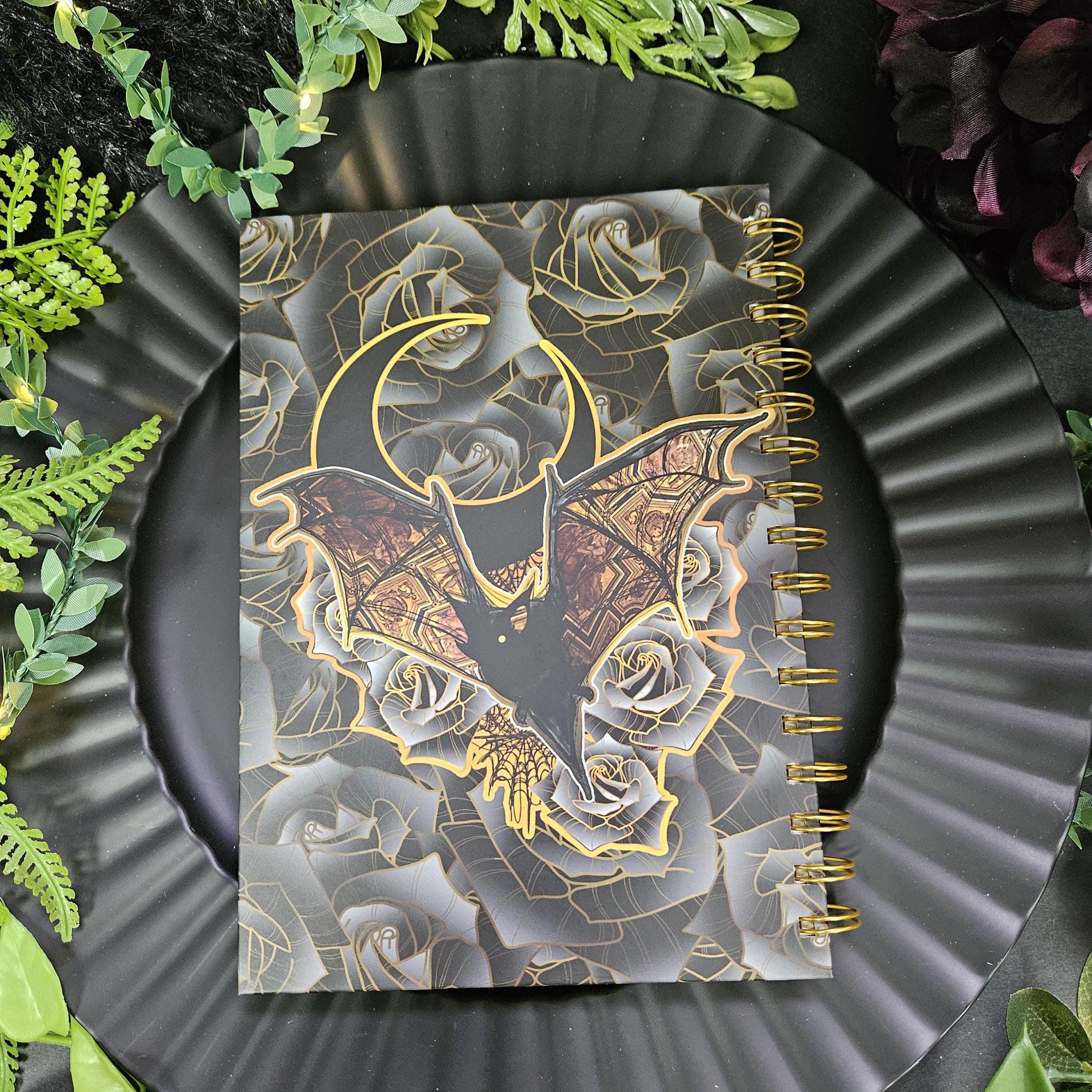 A5 SIze SPIRAL NOTEBOOK : Florence Bat with Black Moon and Lined Pages , Goth Bat and Dark Roses Spiral Notebook , Bat and Roses Notebook