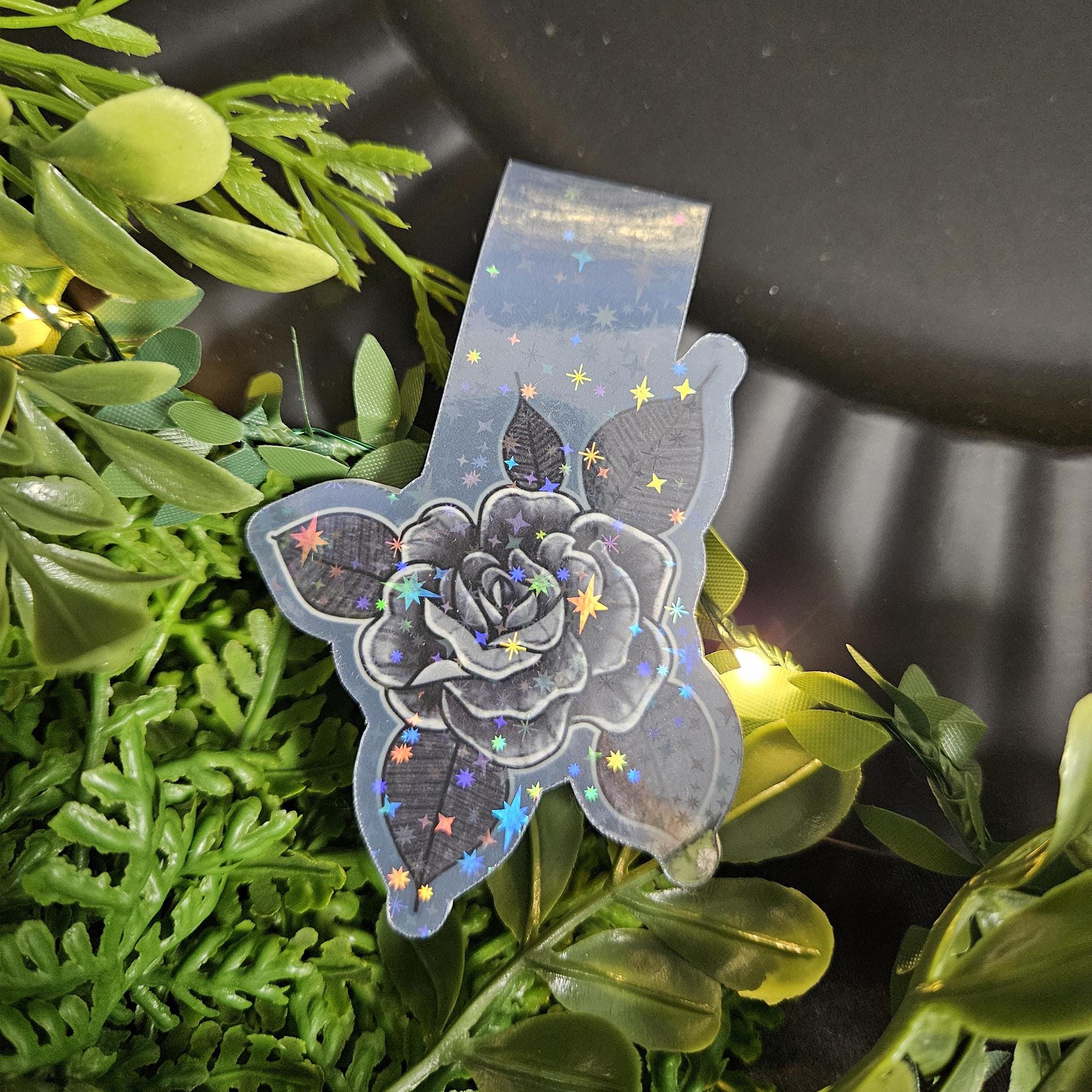 HANDMADE MAGNETIC BOOKMARK: Black and Gray Rose with Sparkle Holographic