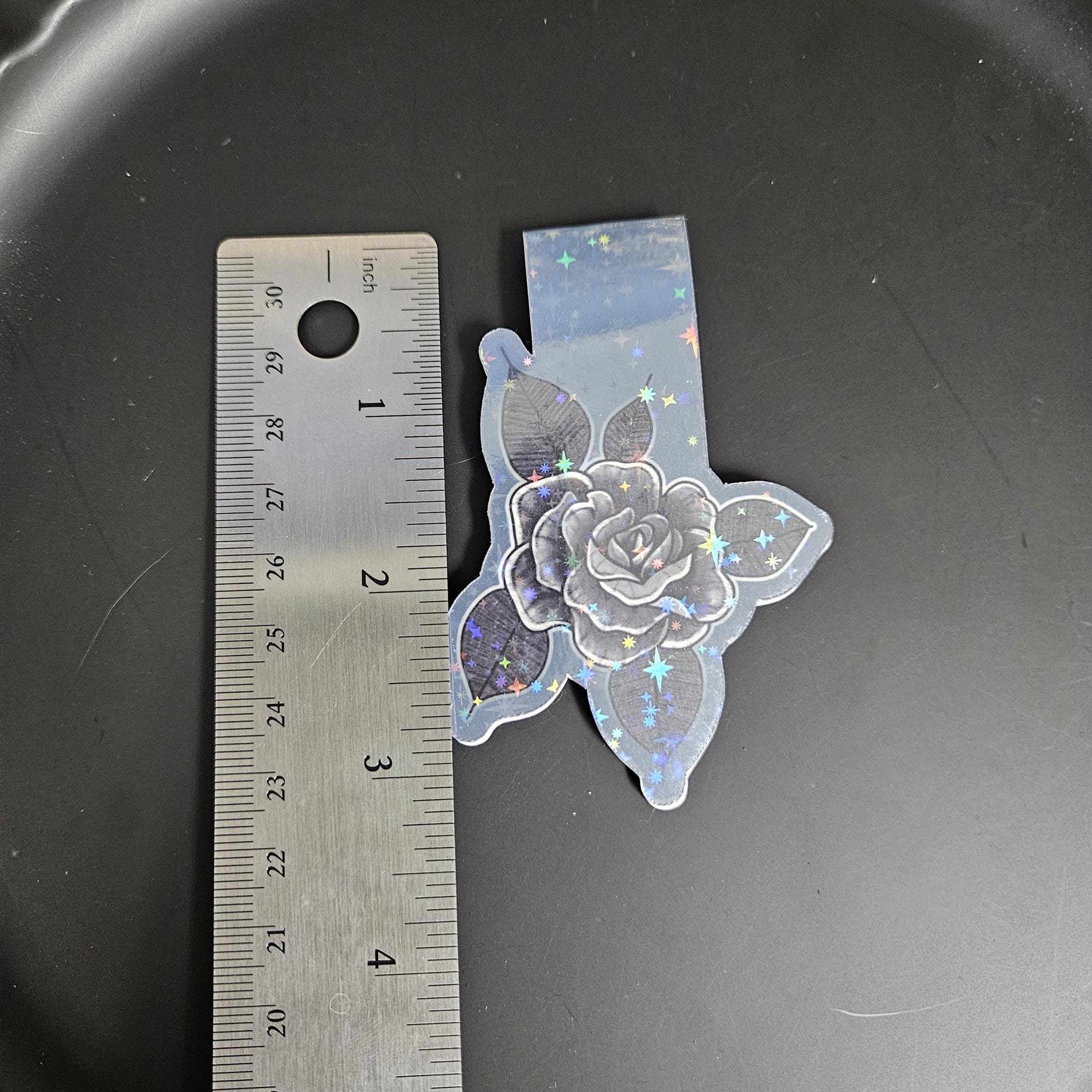 HANDMADE MAGNETIC BOOKMARK: Black and Gray Rose with Sparkle Holographic