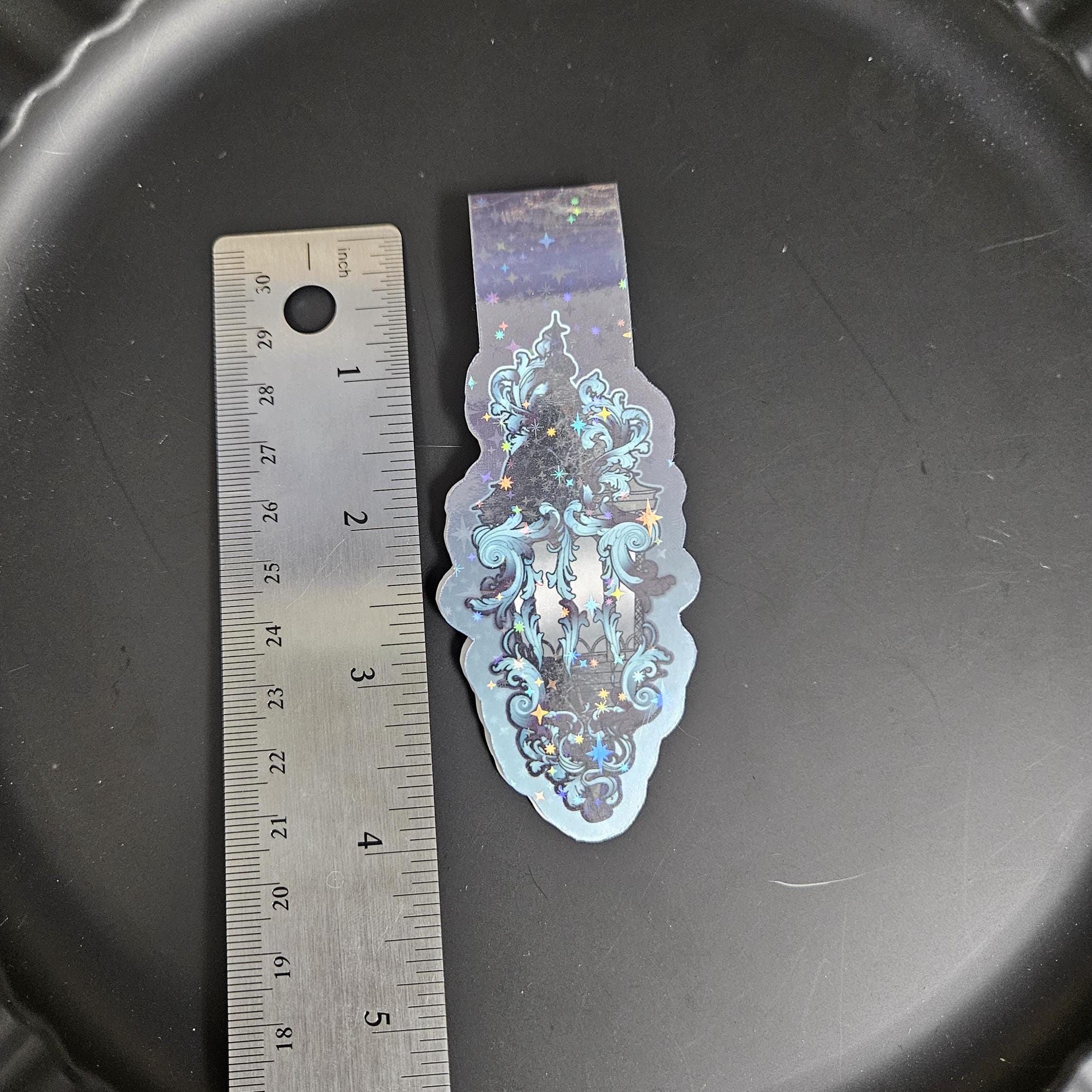 HANDMADE MAGNETIC BOOKMARK: Dark Ghost lantern with Teal Accents and Holographic Sparkle